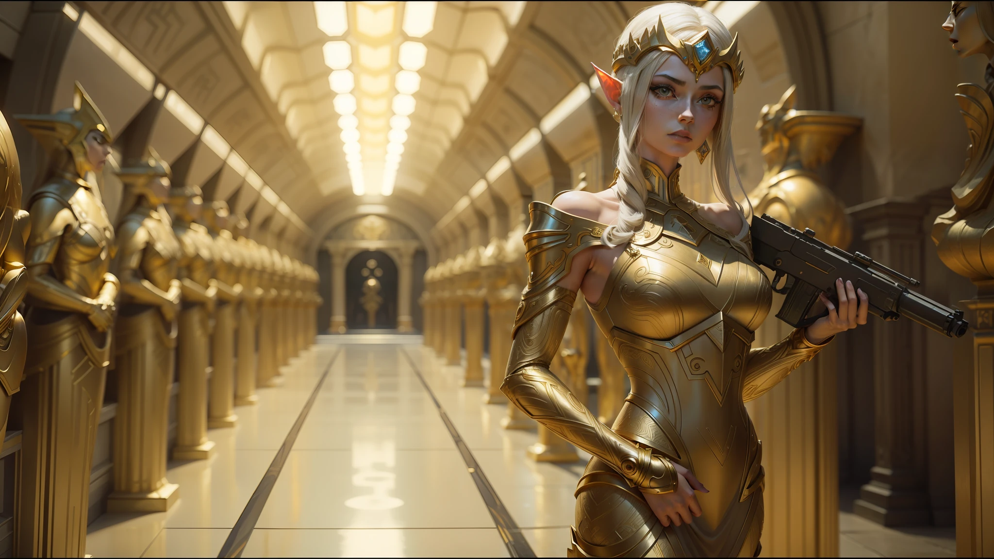 there is a woman in a gold dress holding a gun, still from alita, elven architecture, white and gold, weta studio and james jean, golden pillars, metropolis, opening shot, pandora, by Victor Wang, film studio --ar 16:9 --auto --s2