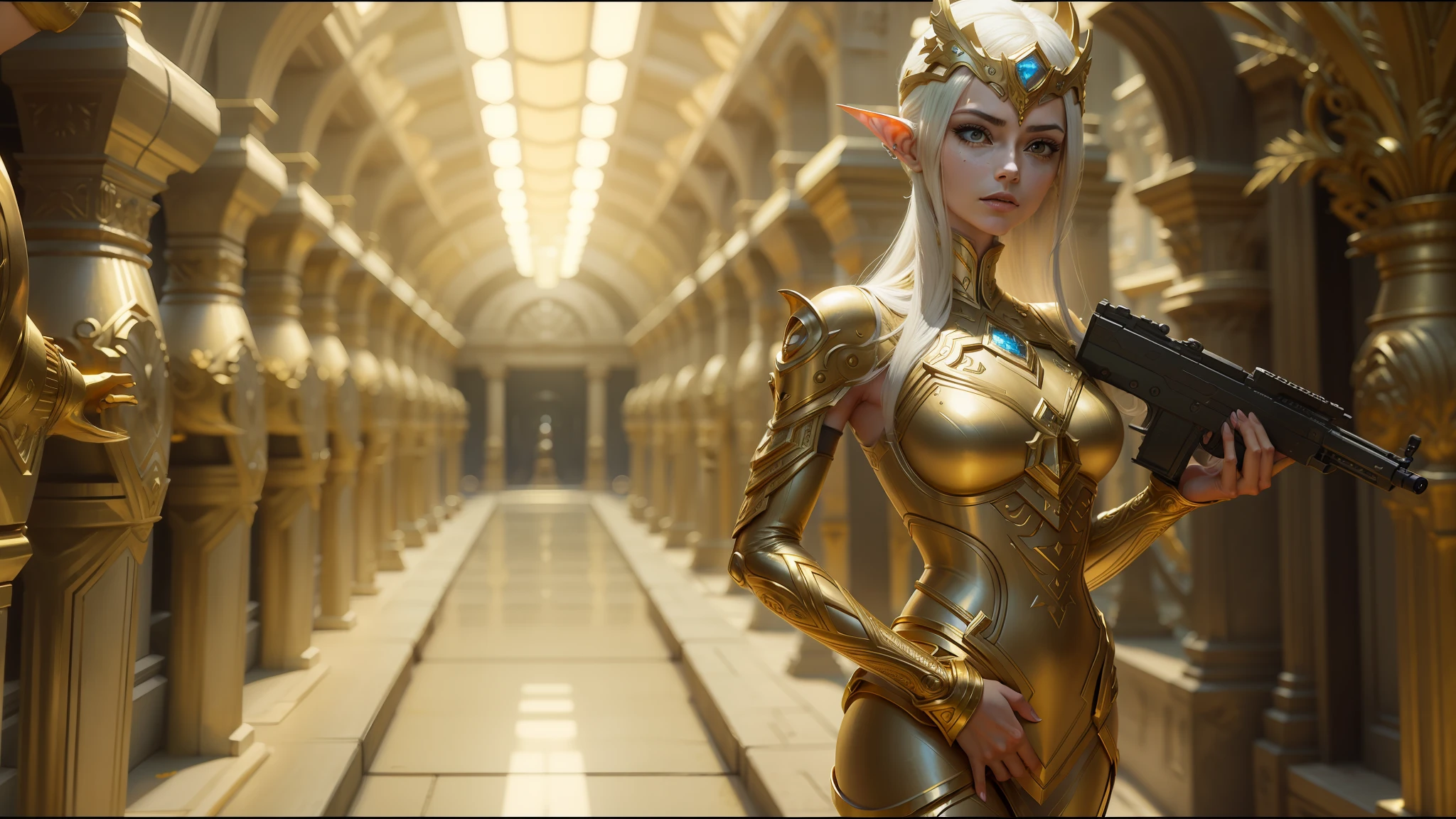 there is a woman in a gold dress holding a gun, still from alita, elven architecture, white and gold, weta studio and james jean, golden pillars, metropolis, opening shot, pandora, by Victor Wang, film studio --ar 16:9 --auto --s2
