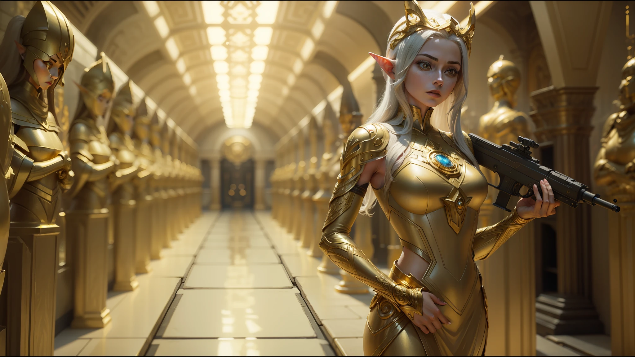 there is a woman in a gold dress holding a gun, still from alita, elven architecture, white and gold, weta studio and james jean, golden pillars, metropolis, opening shot, pandora, by Victor Wang, film studio --ar 16:9 --auto --s2