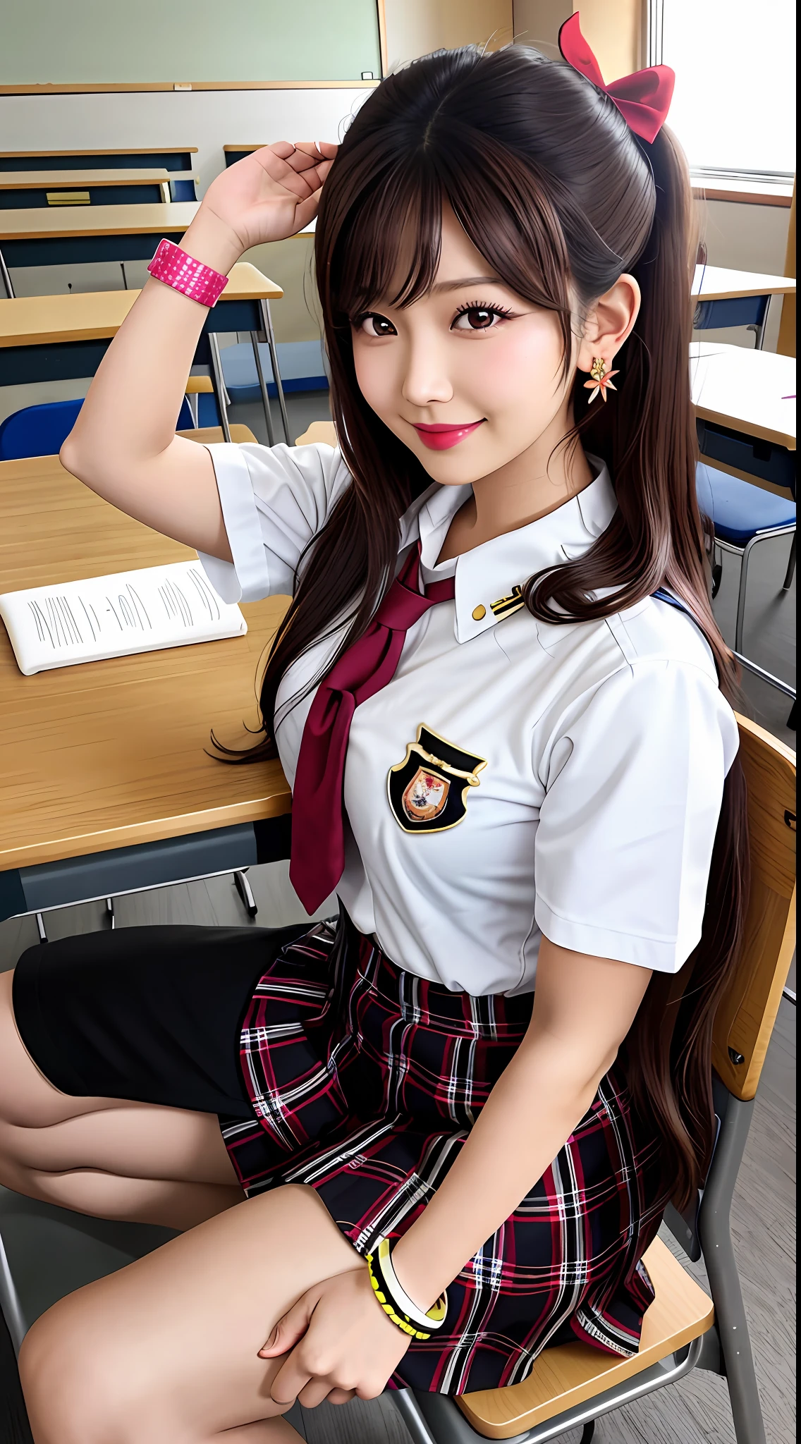 A Japanese high school girl in a gyaru style is sitting on a chair in a classroom. She has bright brown hair and is wearing a school uniform with a large ribbon. Her makeup is flashy, with particular emphasis on her eyes. She's wearing large earrings and has many bracelets on her wrists. She's in a pose as if she's turning around to start a conversation. Her personality is free-spirited, energetic, and a bit mysterious. Her expression is playful, with a slightly challenging smile.