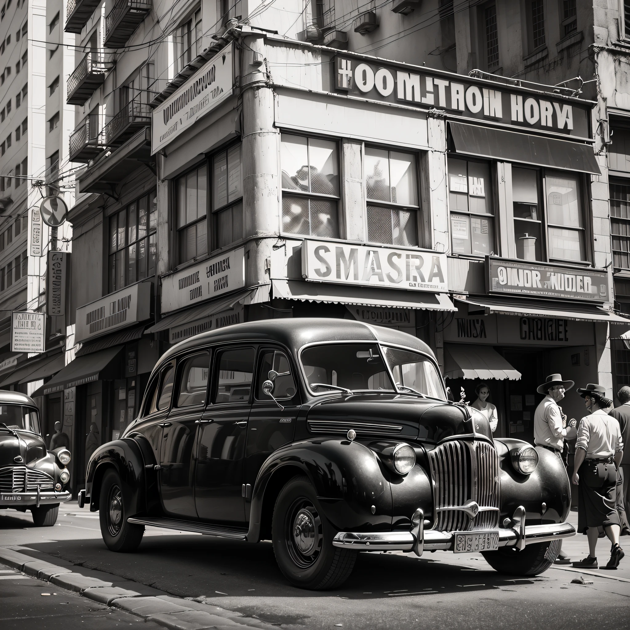 (# Masterpiece #), (# best quality #), (# ultra-detailed #), (# highly realistic #), (# black and white #), (# film noir #), (uma cidade dos anos 40), (# vintage #), (# atmospheric #), (# nostalgic #) --auto --s2