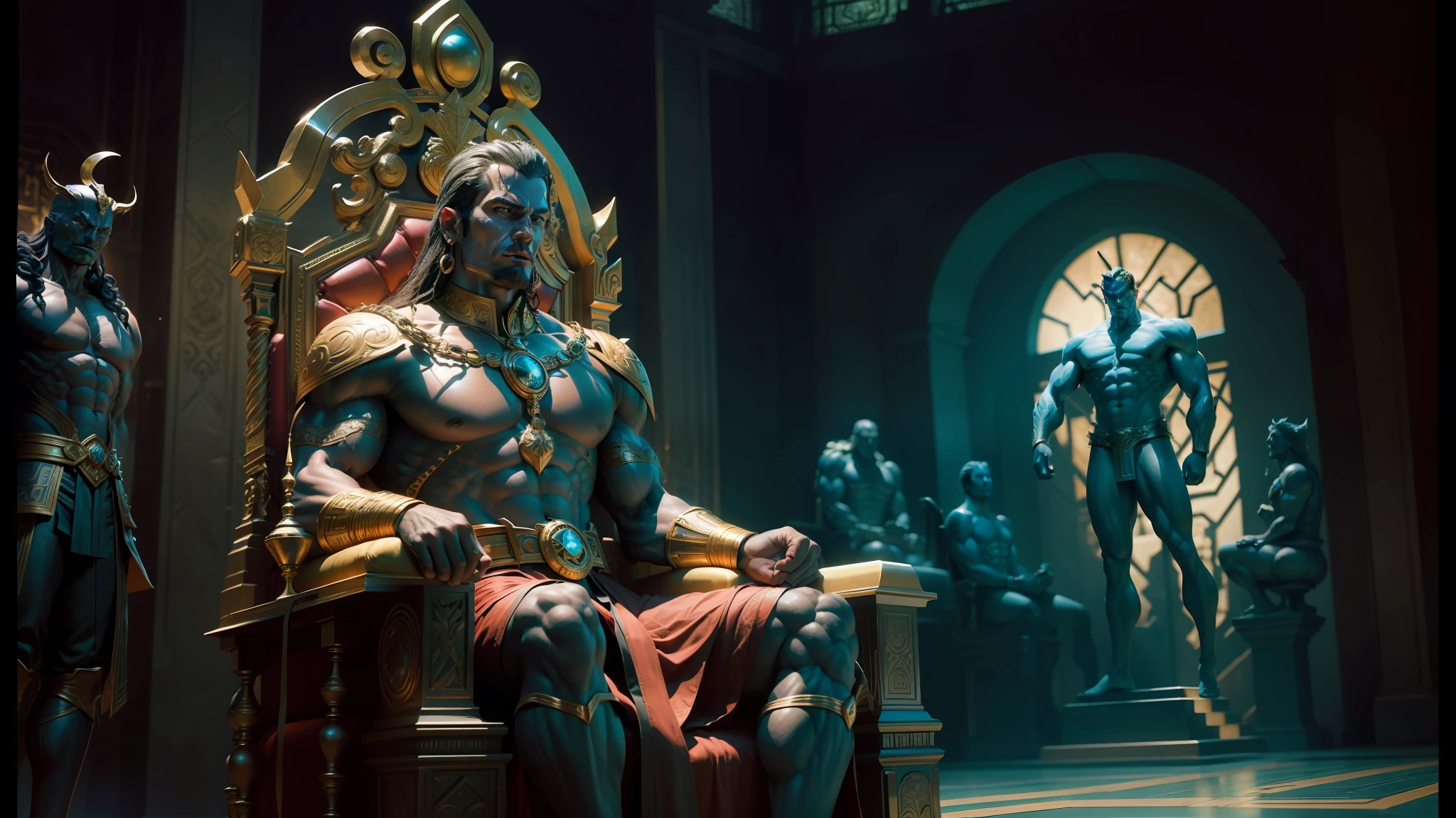 arafed man sitting on a throne in a room with statues, still from marvel movie, muscular magician man, fantasy character design, still frame from a movie, inca style, comicbook art, dictator, lucifer, witness stand, argos, by Ma Shi, textless, exalted --auto --s2