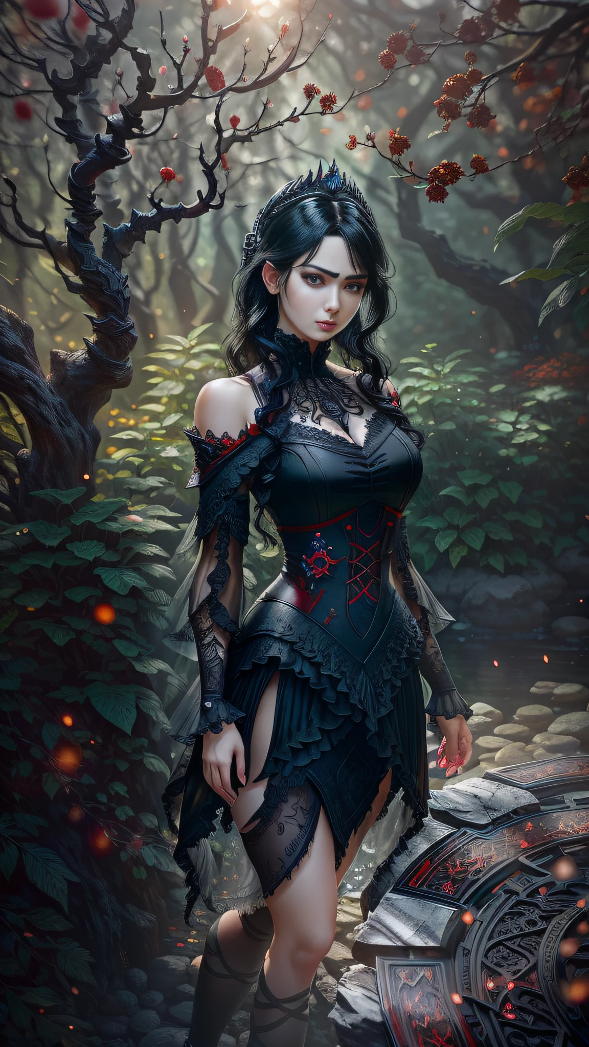 Style, ((intricate details)), full torso, cold light, beautiful legs, standing (pale evil gothic princess), (black hair), (intricate), ((bony light onyx dress)), (irregular obsidian complex crown), smooth thighs, perfect female body, dynamic pose, windblown hair, perfect face, (realistic eyes), round iris, (((red eyes))), perfect, intricate, intricate eye, Helios 44-2, bokeh whirlpool, trend in artstation, Sharp focus, studio photo, intricate detail, very detailed, sharp, DND portrait, (cloth surface oil painting), perfect lighting, masterpiece, detailed background, portraits of Artgerm and Greg Rutkowski, film lighting, 8K