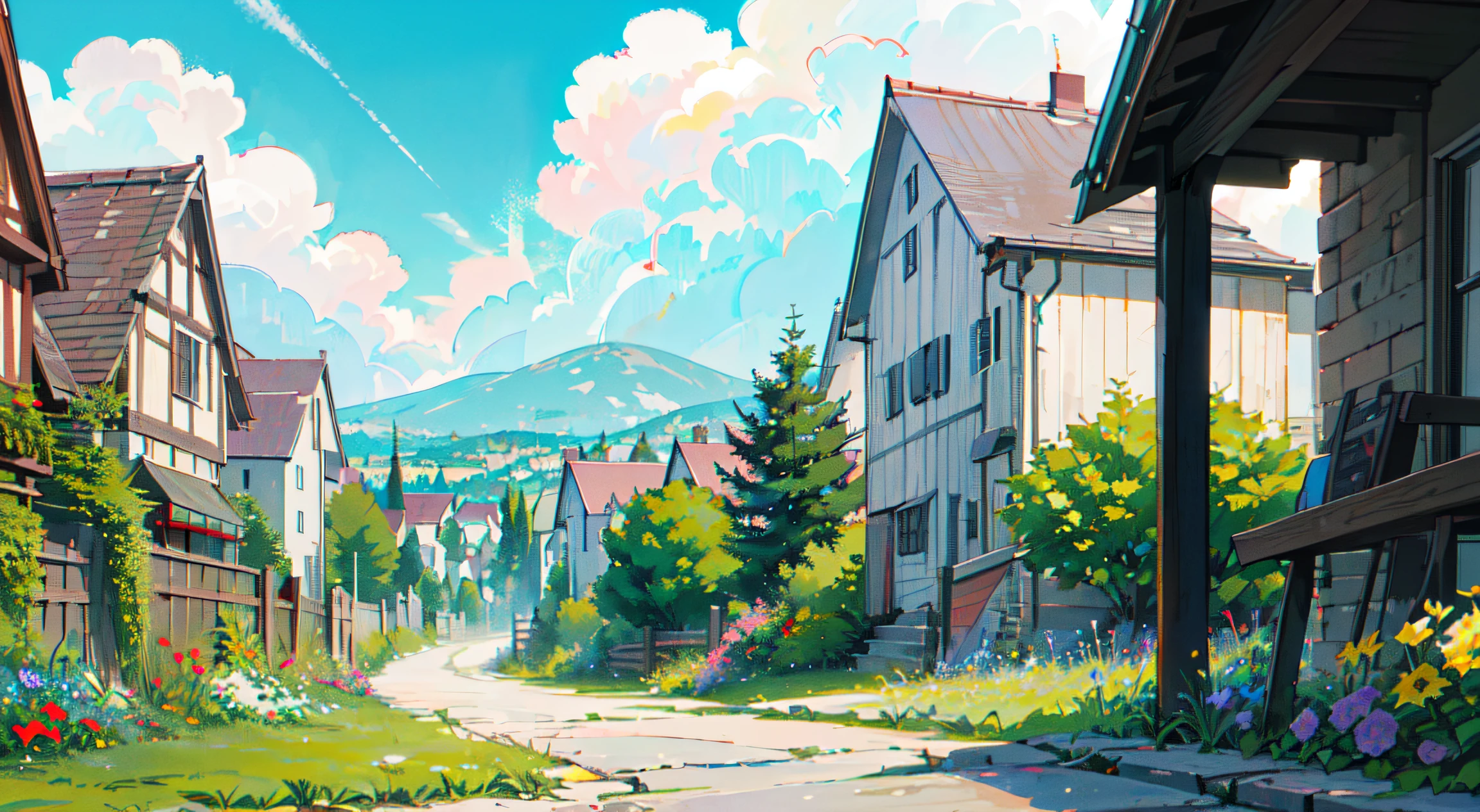 masterpiece,best quality,official art,extremely detailed CG unity 8k wallpaper,outdoors, animal, spring \(season\), cloudy sky,studio ghibli, garden,village,