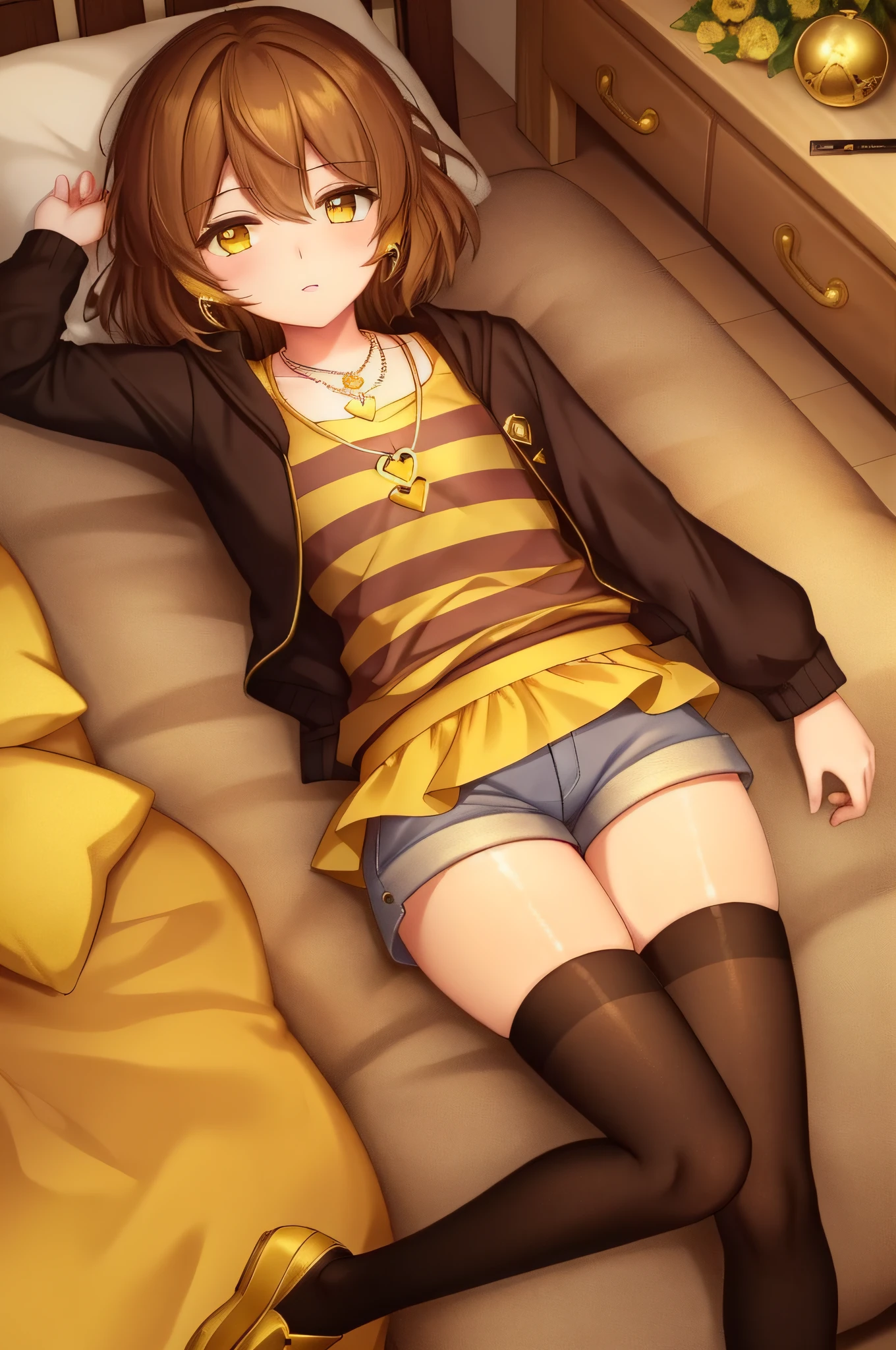 ((best quality)), ((masterpiece)), (detailed), Undertale Frisk, brown hair, (brown shorts: 1.3), bob cut, short hair, black pantyhose with yellow stripes, (yellow shirt with brown stripes: 1.3), yellow eyes, (1girl: 1.3), (solo: 1.3), stripes, striped shirt, slightly thick thighs, a necklace with a small golden heart ornament medallion, delta logo rune on the medallion