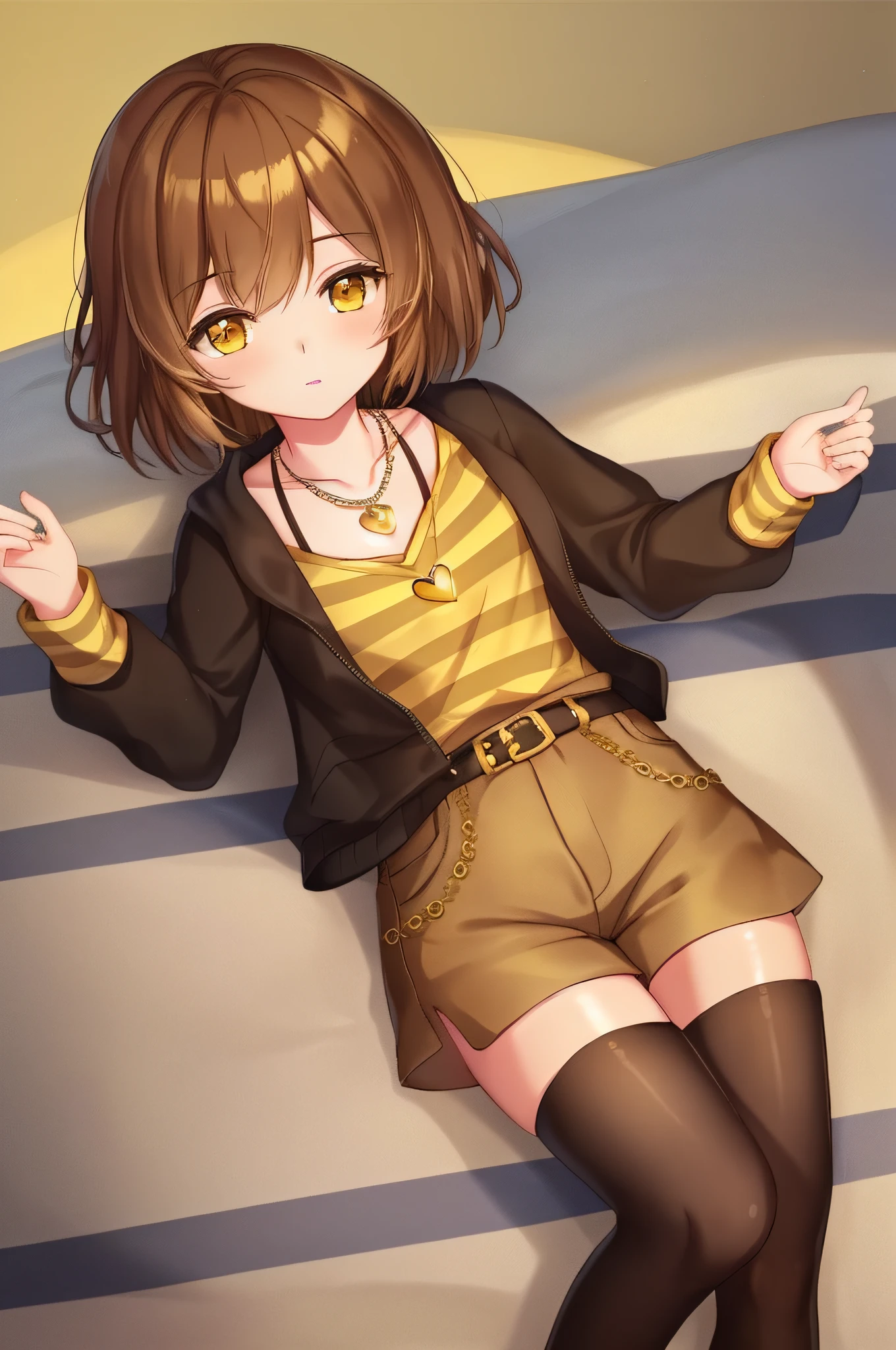 ((best quality)), ((masterpiece)), (detailed), Undertale Frisk, brown hair, (brown shorts: 1.3), bob cut, short hair, black pantyhose with yellow stripes, (yellow shirt with brown stripes: 1.3), yellow eyes, (1girl: 1.3), (solo: 1.3), stripes, striped shirt, slightly thick thighs, a necklace with a small golden heart ornament medallion, delta logo rune on the medallion
