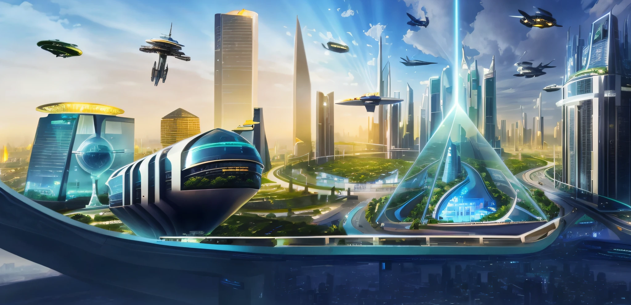 a photo taken from a computer screen of a futuristic city, a futuristic pyramid in the center, the pyramid has glass details mixed with vegetation and water, from the top of the pyramid reflects a ray of light, skyscrapers and flying cars, in 2 0 5 5, city of the future, futuristic utopian metropolis, conceptual art of the metaverse, Conceptual art of the future, futuristic city background, landscape of a future city, futuristic city in the background, futuristic city backgrond, Russian city of the future