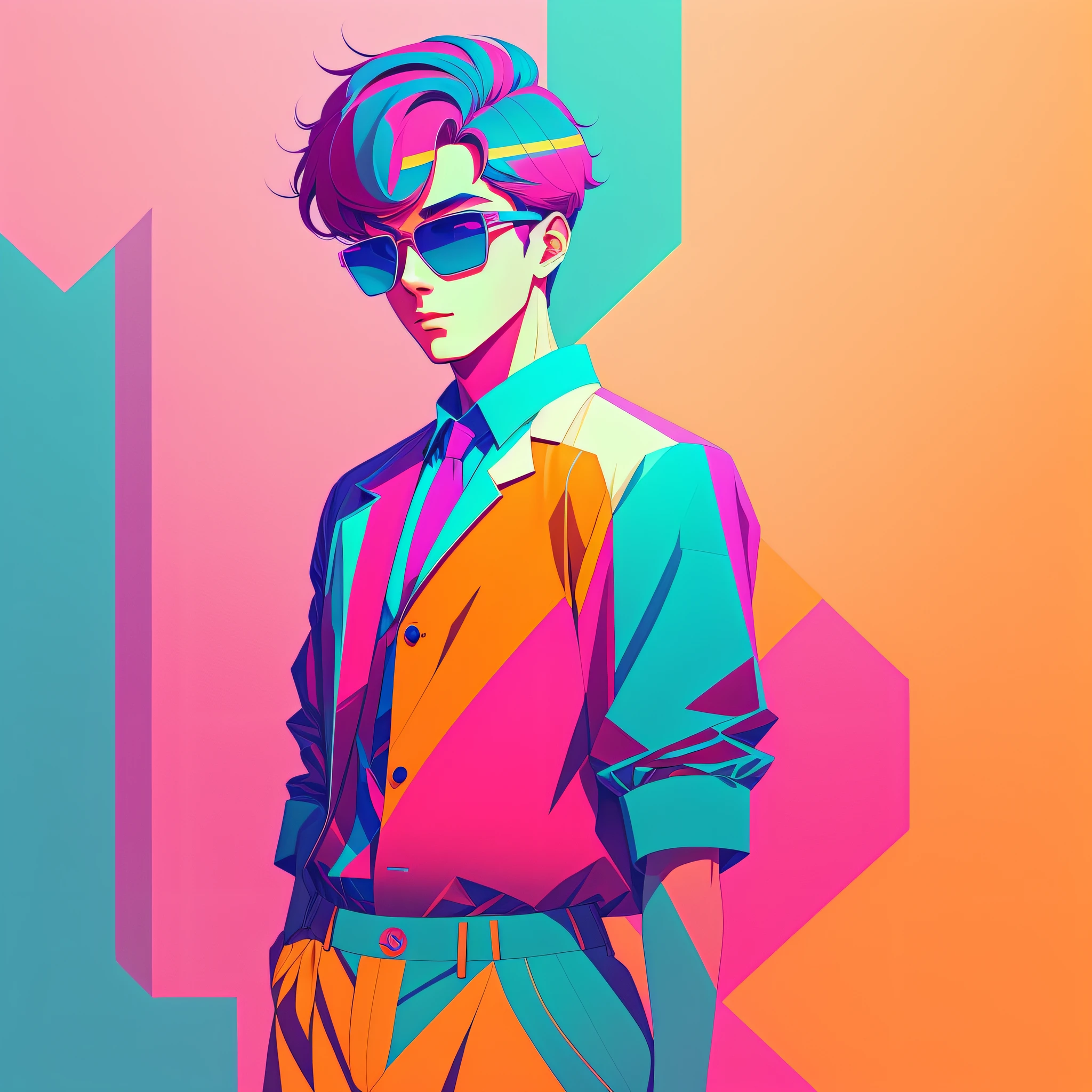 a man in a dynamic pose wearing a modern outfit, designed by Gucci::3, tumblr, inspired by Yanjun Cheng style, digital art, internet boy lofi meme, trend in dezeen, catalog photo, 3 d render beeple, rhads and lois van baarle, cartoon style illustration, bright pastel colors, a beautiful art illustration, retro anime boy --ar 2:3 --q 2