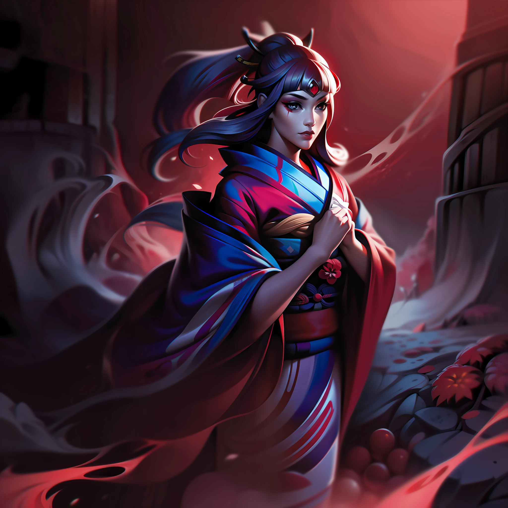 woman + kimono + blood + coral + brave splashart, splashart, league of legends splashart, art, brushstroke, masterpiece, 8k, ultra detailed, HD