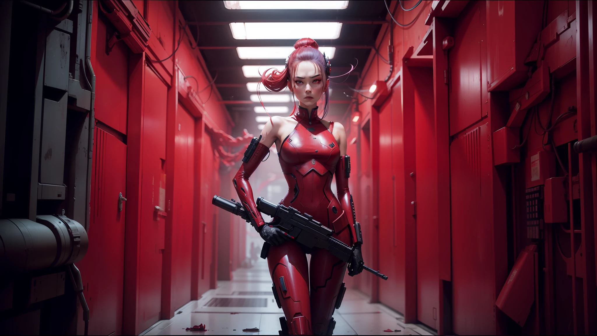 arafed woman in red dress holding a gun in a hallway, ash thorp, cyberpunk geisha, the empress’ swirling gardens, die antwoord, nekro, still from anime, by Nathan Wyburn, hi - fructose art magazine, siggraph, jingna zhang, humanoid flora, planet terror planet --ar 16:9 --auto --s2