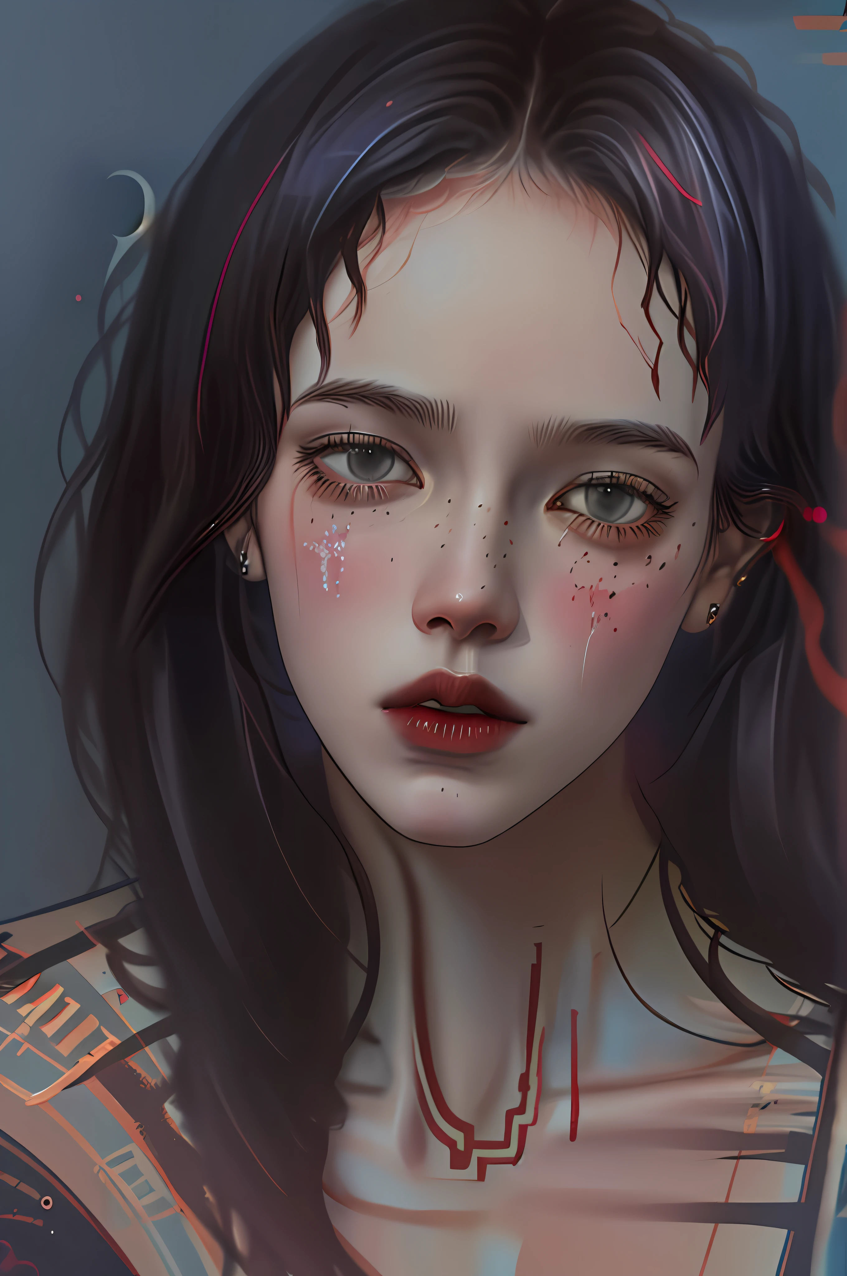 Woman sitting with both hands on head, sad face, tears, brown skin, messy black hair, furrowed brow, screaming, Gothic art, Impressionism, cinematic lighting, upside-down, zoom layer, Canon, Nikon, high quality, high details, digital painting, cyberpunk, realistic illustration