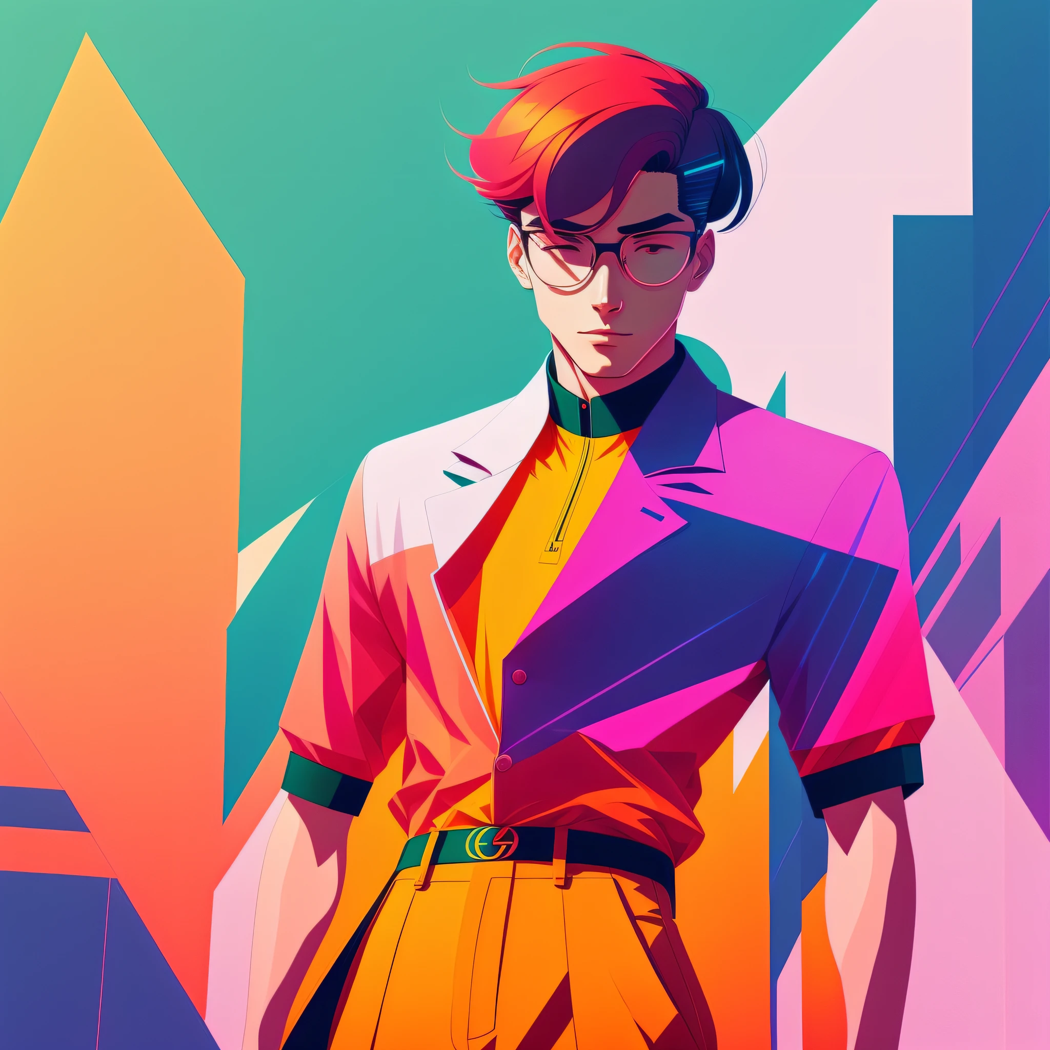 a man in a dynamic pose wearing a modern outfit, designed by Gucci::3, tumblr, inspired by Yanjun Cheng style, digital art, internet boy lofi meme, trend in dezeen, catalog photo, 3 d render beeple, rhads and lois van baarle, cartoon style illustration, bright pastel colors, a beautiful art illustration, retro anime boy --ar 2:3 --q 2