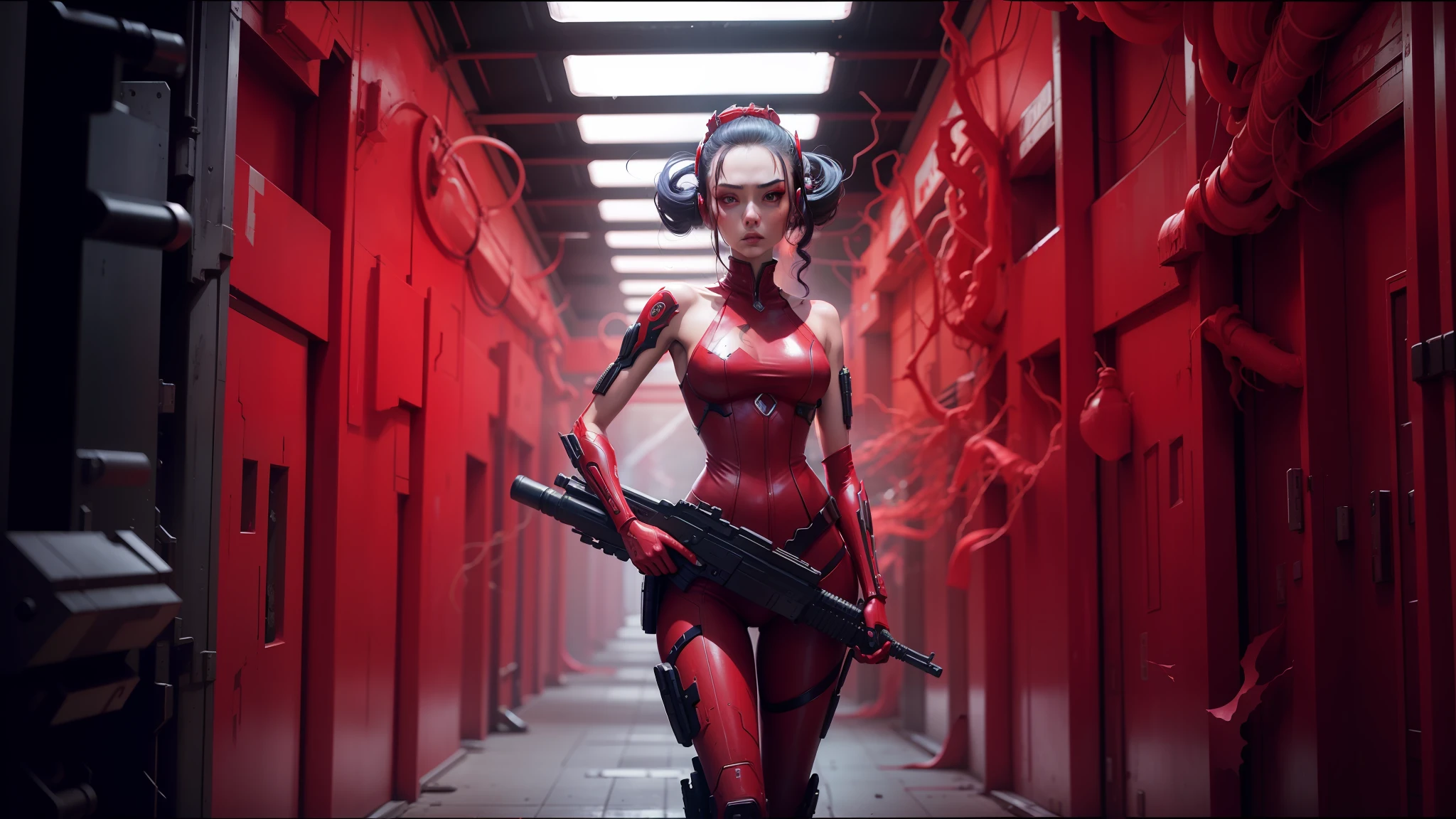 arafed woman in red dress holding a gun in a hallway, ash thorp, cyberpunk geisha, the empress’ swirling gardens, die antwoord, nekro, still from anime, by Nathan Wyburn, hi - fructose art magazine, siggraph, jingna zhang, humanoid flora, planet terror planet --ar 16:9 --auto --s2