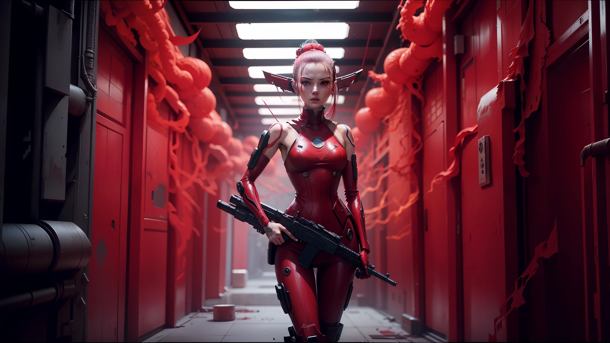 arafed woman in red dress holding a gun in a hallway, ash thorp, cyberpunk geisha, the empress’ swirling gardens, die antwoord, nekro, still from anime, by Nathan Wyburn, hi - fructose art magazine, siggraph, jingna zhang, humanoid flora, planet terror planet --ar 16:9 --auto --s2