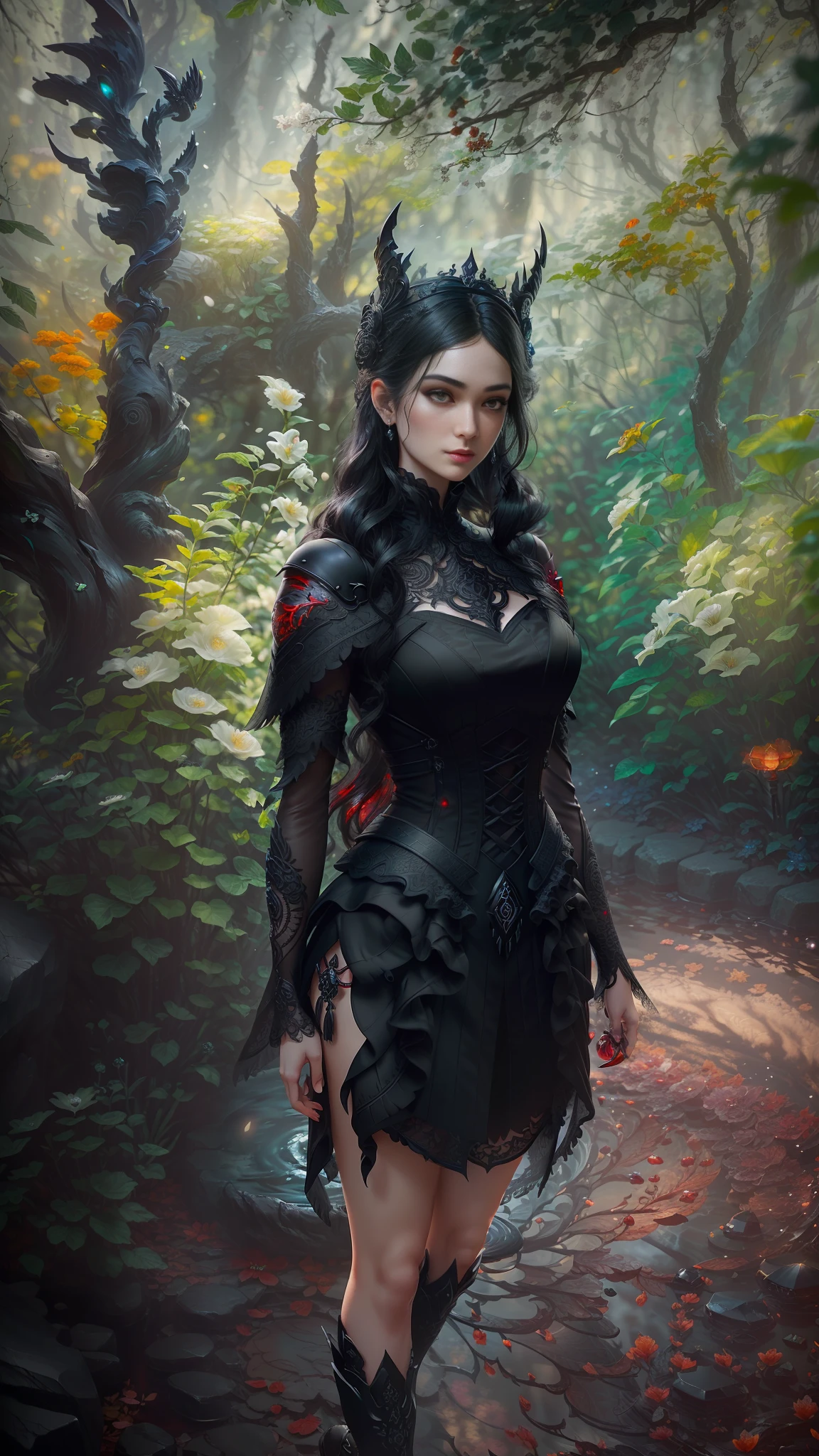 Style, ((intricate details)), full torso, cold light, beautiful legs, standing (pale evil gothic princess), (black hair), (intricate), ((bony light onyx dress)), (irregular obsidian complex crown), smooth thighs, perfect female body, dynamic pose, windblown hair, perfect face, (realistic eyes), round iris, (((red eyes))), perfect, intricate, intricate eye, Helios 44-2, bokeh whirlpool, trend in artstation, Sharp focus, studio photo, intricate detail, very detailed, sharp, DND portrait, (cloth surface oil painting), perfect lighting, masterpiece, detailed background, portraits of Artgerm and Greg Rutkowski, film lighting, 8K