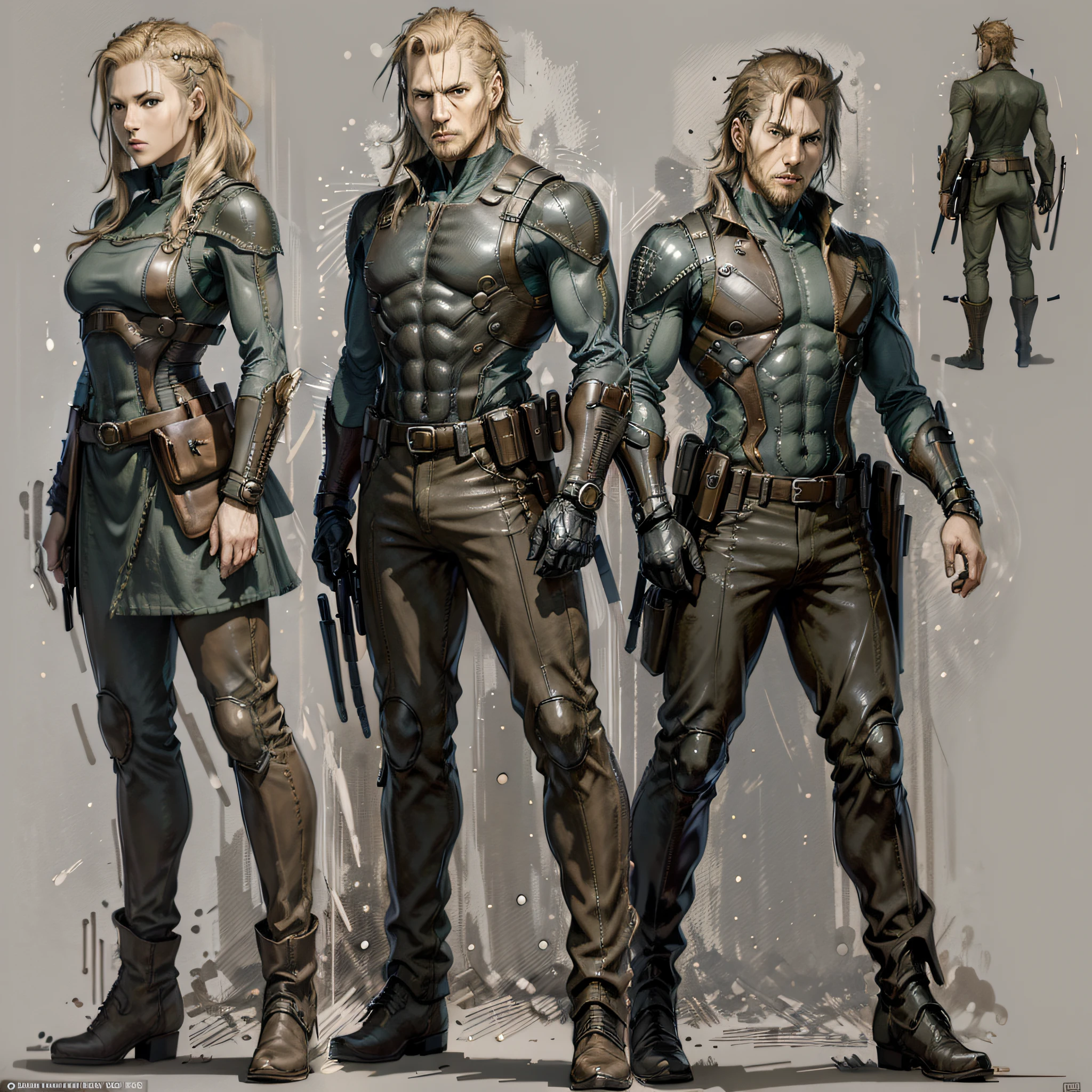 character ANIME man, FULL BODY, standing, , BALD WITHOUT BEARD, ((design sketches)), (masterpiece), extremely detailed, (original design ), LEX LUTHOR (random power poses), (unique accessories, knee-length black leather cover, brown leather boots), professionally retouched, white background, (male: 1.1) (government officer pants r: 0.8), (dirty: 1.1), (movement: 0.8), (young: 1.3),  (sprint: 0.6) (The Walking Dead concept) ( Metal gear solid) --auto --s2