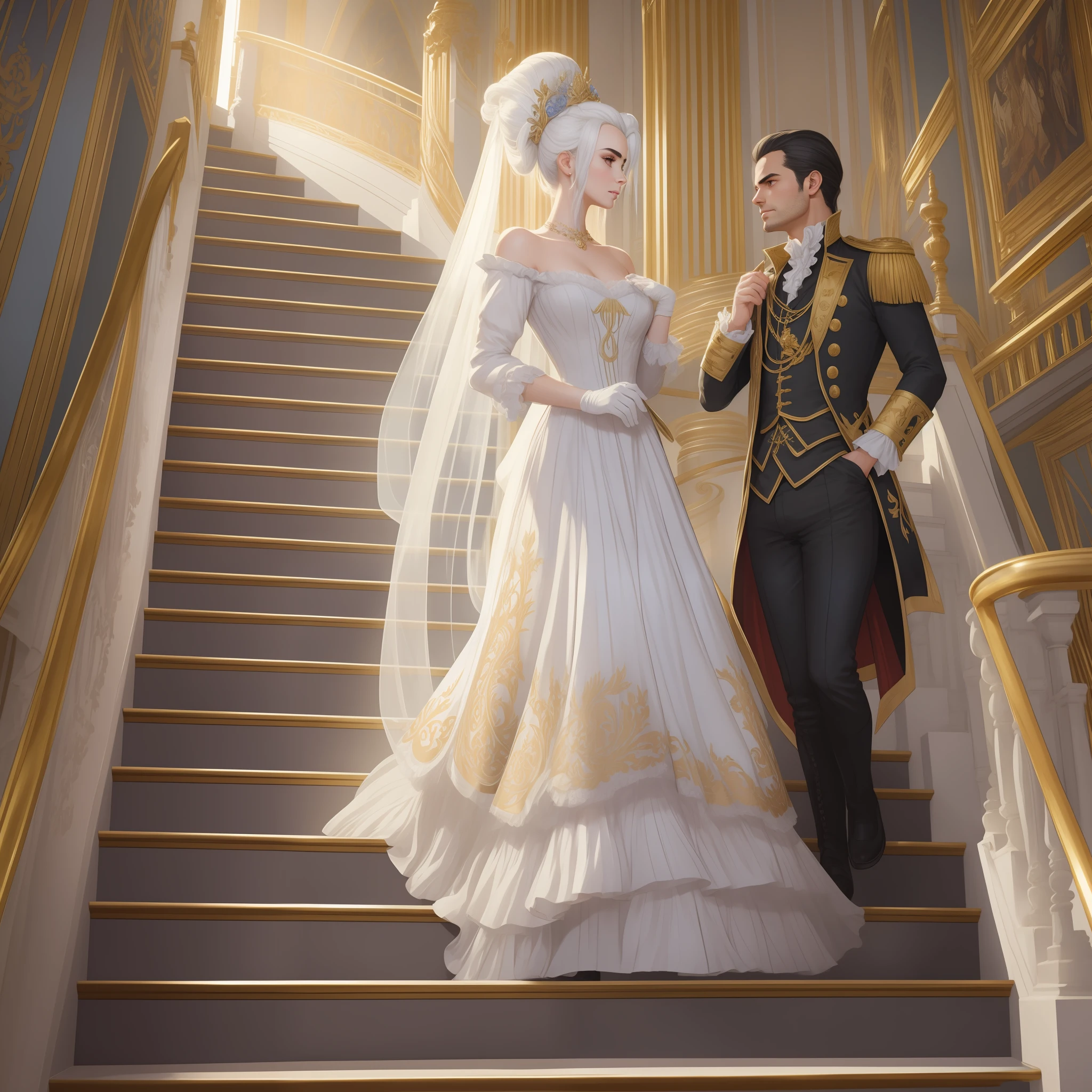 Lily Collins with white hair in a Marie Antoinette hairstyle, wearing a super detailed medieval Victorian gold dress, gloves and an eye mask. Descending the stairs from inside a palace to the ballroom, illustration is detailed, smooth and bright, HD art by Citemer Liu, Stjepan Sejic, Samyang, Aykut Aydogdu, Justin Gerard, Alphonse Mucha, Artgerm, WLOP and Greg Rutkowski