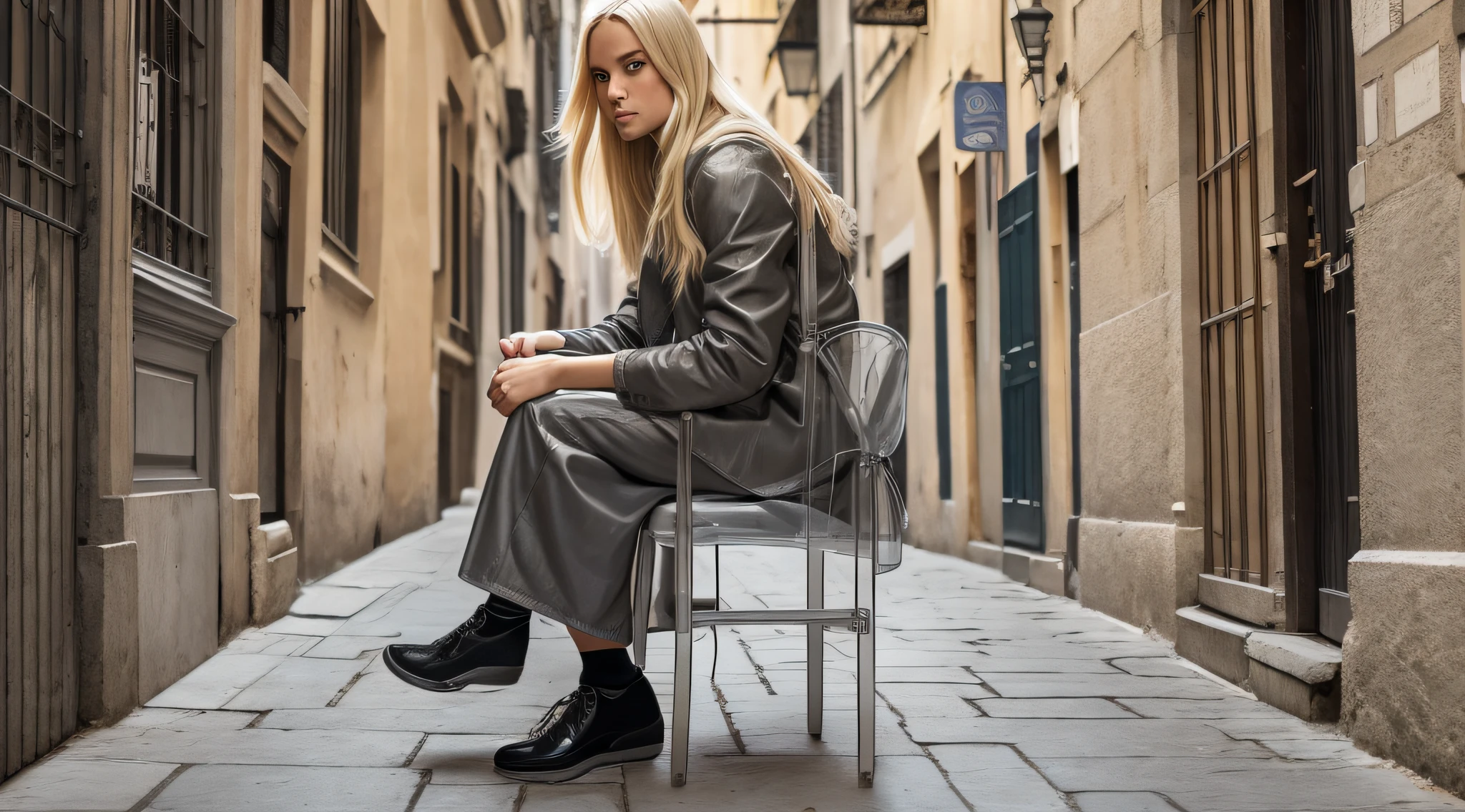 Best quality, masterpiece, ultra high res, blonde woman, clear but somber eyes, walking down a narrow street where a dark-looking man is sitting next to an open door --auto --s2