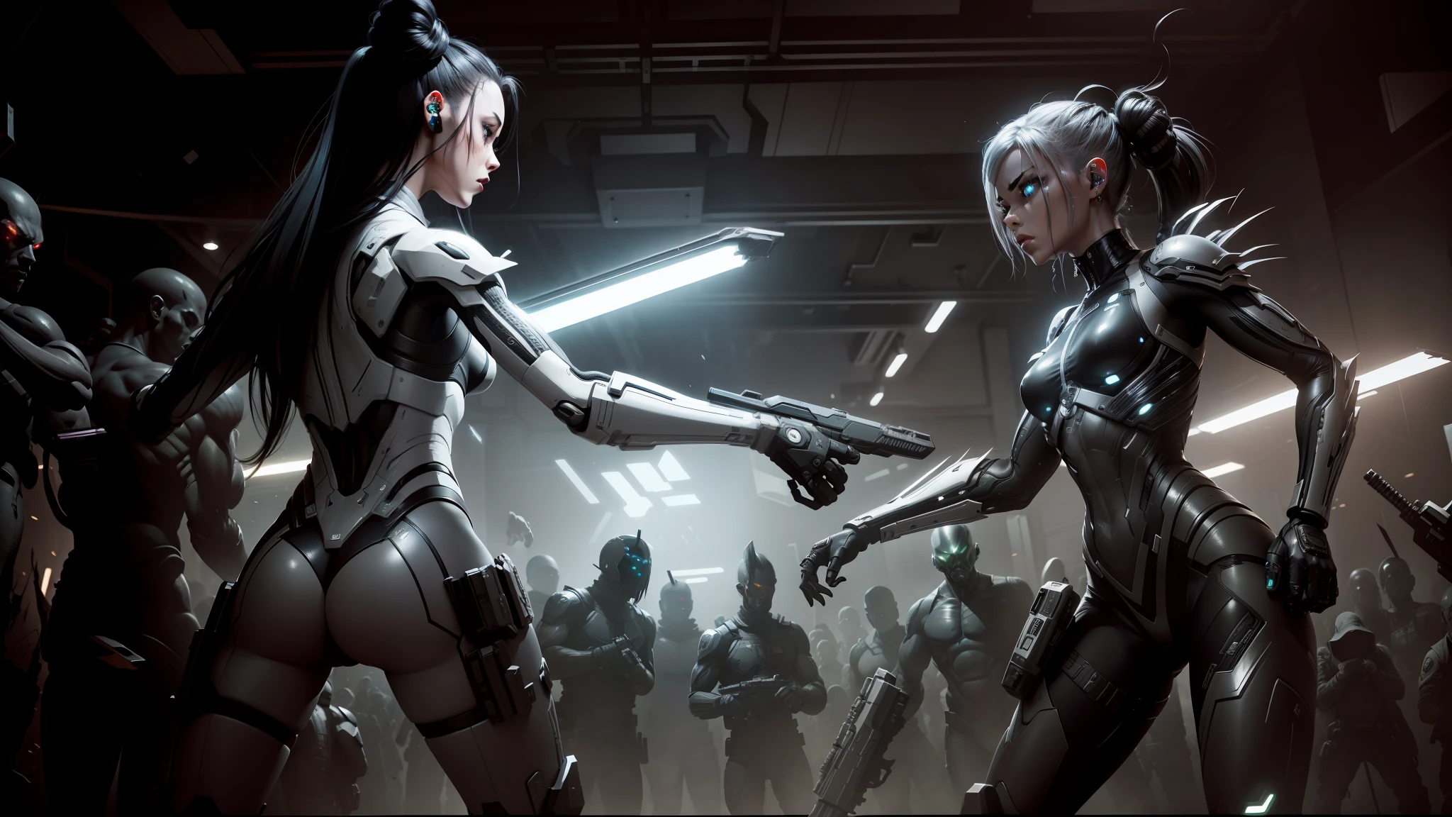 aliens are in a dark room with a light shining on them, angry female cyborg, black and whitehighly detailed, 3d characters, style of ghost blade, game cg, crowd of androids, promotional image, gun fight, hive --ar 16:9 --auto --s2