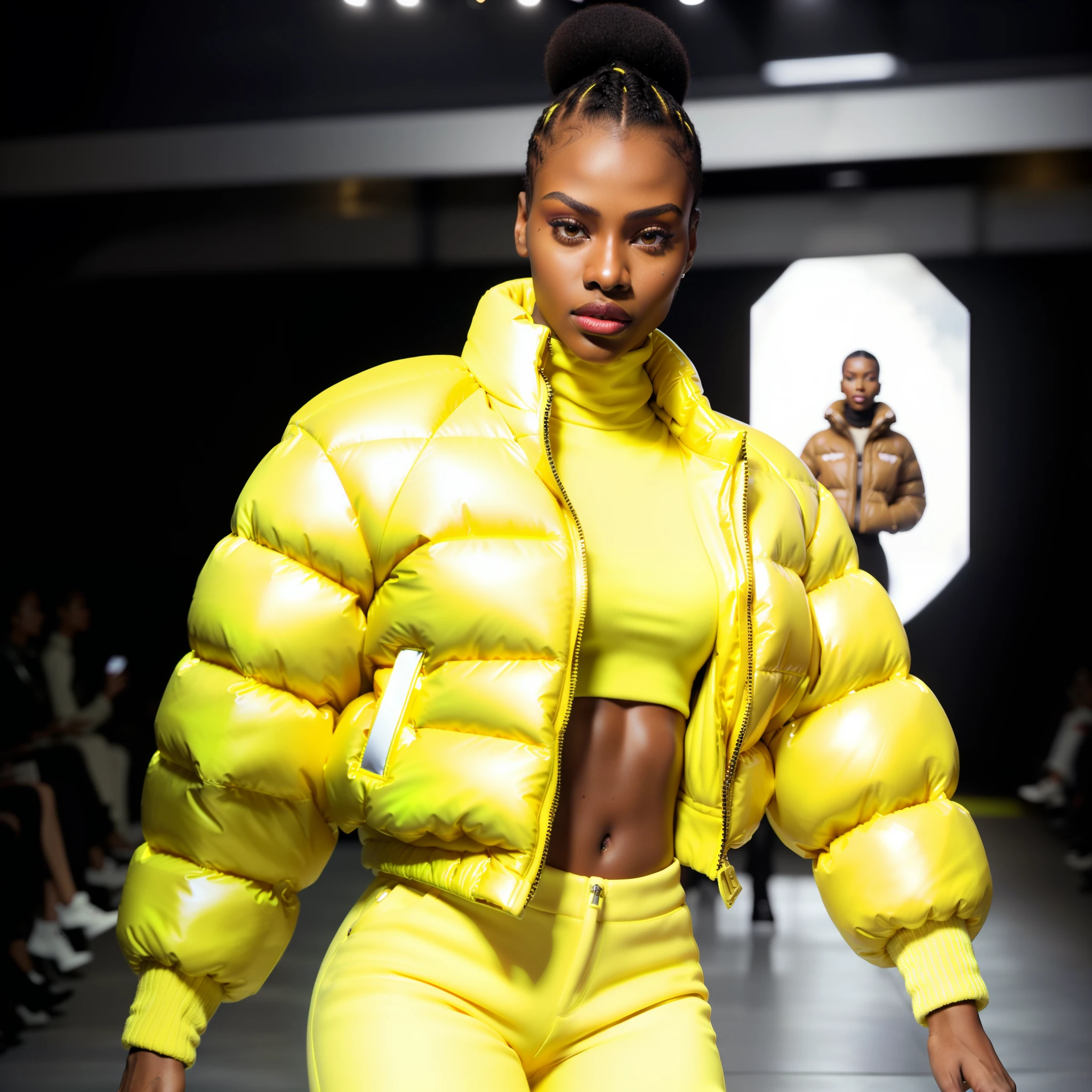 ((( an ultra realistic woman, posing, confident on the runway))) with perfect Kenyan African facial features, ultra realistic skin, skin pores, short afro hair, braided, ultra detailed in hd, with confident expression, wearing (((Balenciaga puffer style jacket oversized:1.5 ultra definition red))) pants, turtleneck shirt , (((yellow jacket:1.5, vivid color, neon, reflective))), posing at the end of the runway in , (bring high fashion show atmosphere, perfect audience,ultra realistic) diagonal camera angle view, high fashion show, best quality, top quality, image masterpiece, high resolution image.