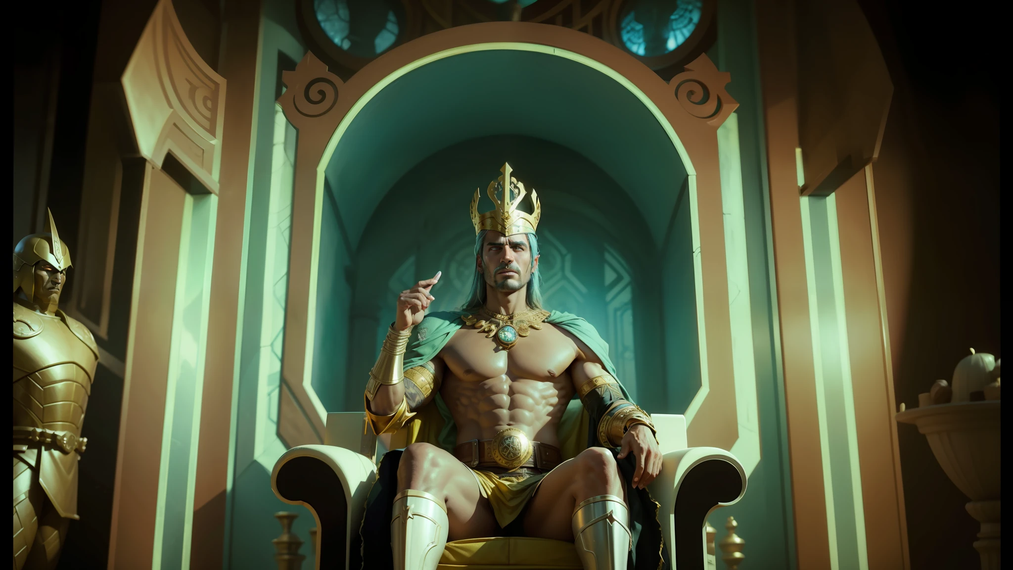 arafed man sitting in a throne with a sword in his hand, still from alita, the king in yellow, scarab, by David LaChapelle, [ theatrical ], still from better call saul, stylized character design, inspired by Sardar Sobha Singh, loki, 2 0 7 7, barbarella, full body shot of duke nukem 3d --auto --s2