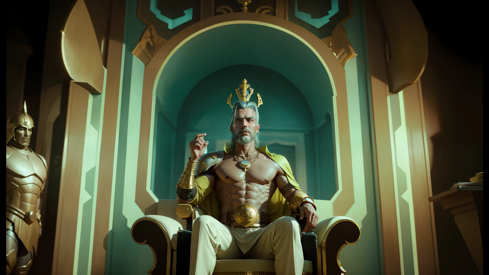 arafed man sitting in a throne with a sword in his hand, still from alita, the king in yellow, scarab, by David LaChapelle, [ theatrical ], still from better call saul, stylized character design, inspired by Sardar Sobha Singh, loki, 2 0 7 7, barbarella, full body shot of duke nukem 3d --auto --s2