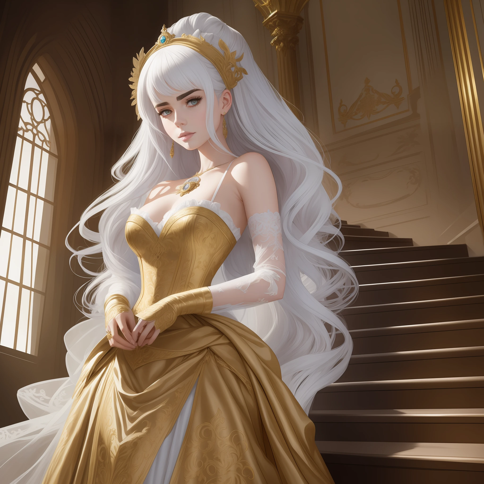 Lily Collins with white hair in a Marie Antoinette hairstyle, wearing a super detailed medieval Victorian gold dress, gloves and an eye mask. Descending the stairs from inside a palace to the ballroom, illustration is detailed, smooth and bright, HD art by Stjepan Sejic, Samyang, Aykut Aydogdu, Justin Gerard, Alphonse Mucha, Artgerm, WLOP and Greg Rutkowski
