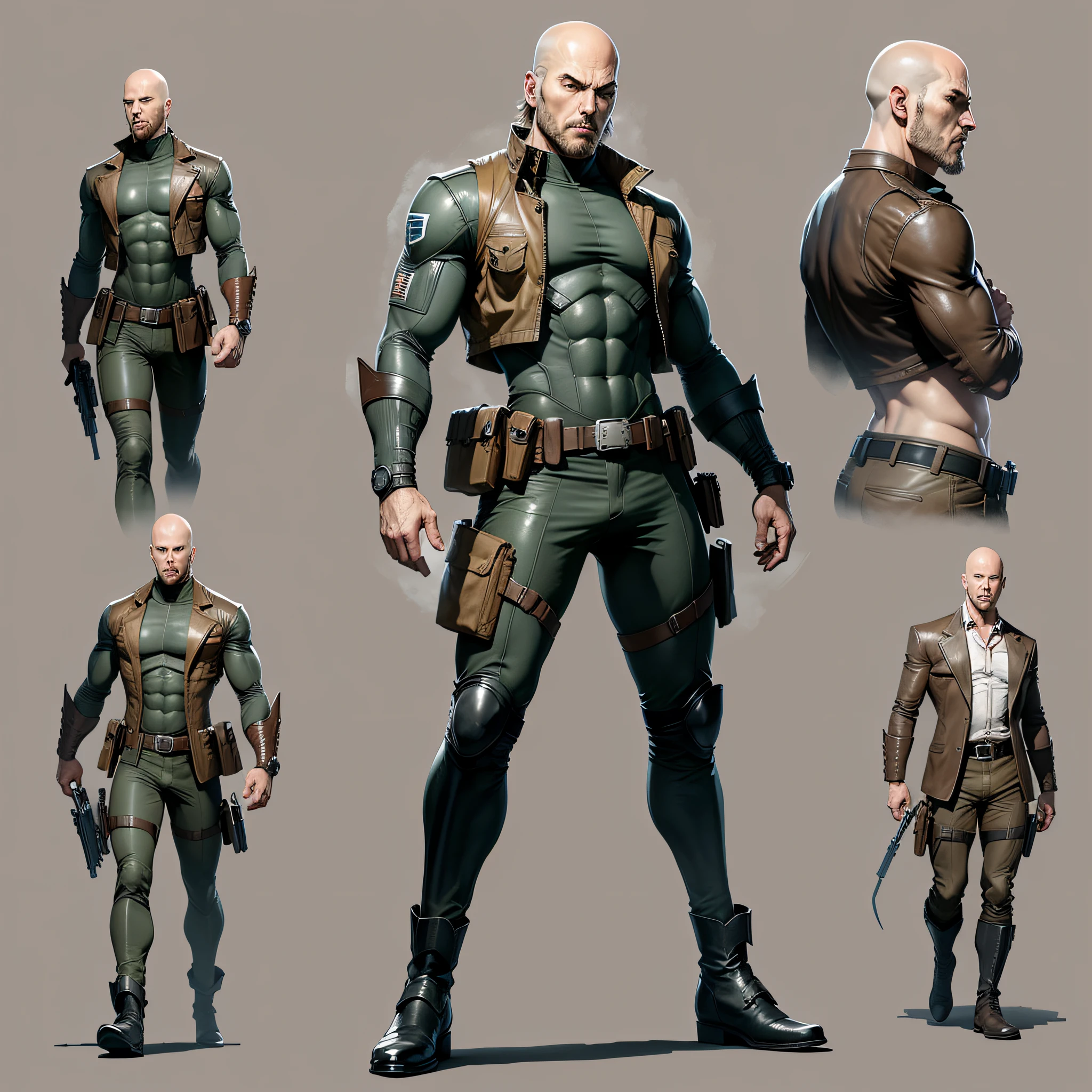 character ANIME man, FULL BODY, standing, , BALD WITHOUT A BEARD, ((design sketches)), (masterpiece), extremely detailed, (original design), LEX LUTHOR (random power poses), (unique accessories, iron jacket, brown leather boots), professionally retouched, white background, (male: 1.1) (government officer pants r: 0.8), (dirty: 1.1), (movement: 0.8), (young: 1.3), (sprint: 0.6) (concept the walking dead) (Metal gear solid) --auto --s2