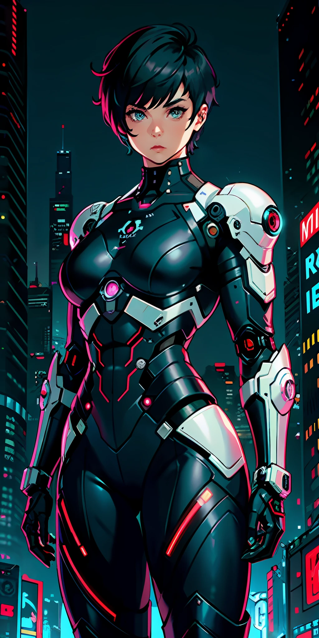adult, girl face, serious face, brave, hair: pixie cut, hair: black, robotic parts, cybernetic, futuristic, cyberpunk, perfect body, fit body, muscular, small chest, big arms, broad shoulders, big thighs, futuristic armor background: futuristic city, holding a gun