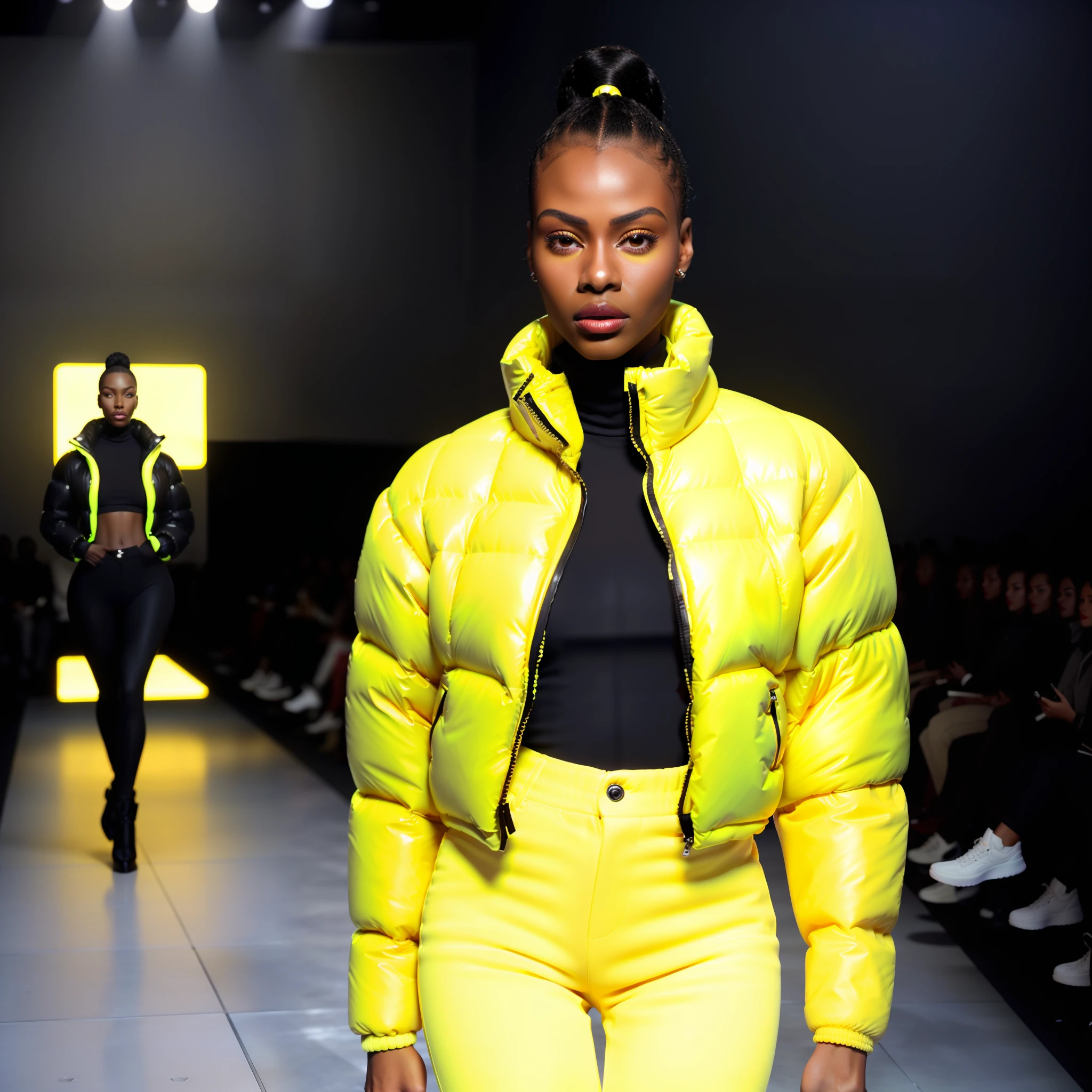 ((( an ultra realistic woman, posing, confident on the runway))) with perfect Kenyan African facial features, ultra realistic skin, skin pores, short afro hair, braided, ultra detailed in hd, with confident expression, wearing (((Balenciaga puffer style jacket oversized:1.5 ultra definition red))) pants, turtleneck shirt , (((yellow jacket:1.5, vivid color, neon, reflective))), posing at the end of the runway in , (bring high fashion show atmosphere, perfect audience,ultra realistic) diagonal camera angle view, high fashion show, best quality, top quality, image masterpiece, high resolution image.