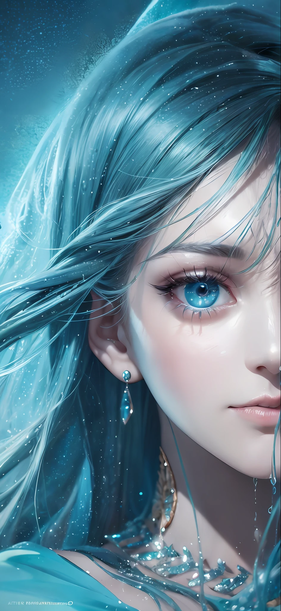 a half body portrait of a woman as made of water, half body submerged in water, at a lake, turquoise hair depicting as waterfall, wet, drops of water on the face and body, natural body posture, rain, Art by Alberto Seveso, symmetrical, abstract artstyle, intricate complex watercolor painting, sharp eyes, digital painting, color explosion, concept art, voluminetric lighting,TanvirTamim, metallic reflections, 2d render, 8k. by artgerm, trending on artstation