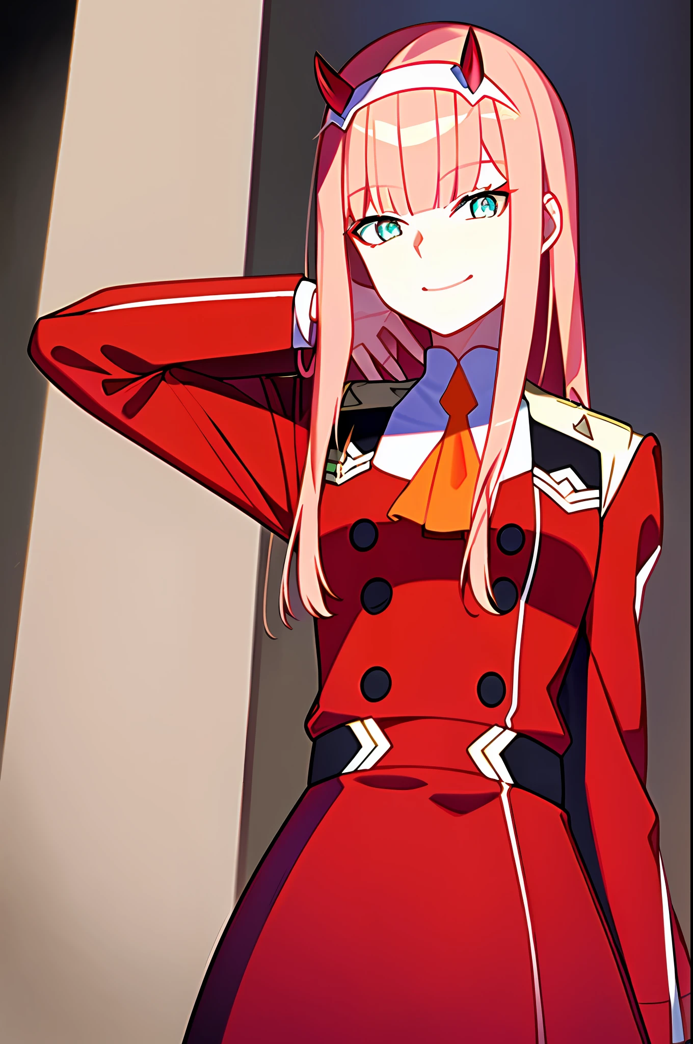 (masterpiece),(best quality), girl,((ultra-detailed)), (highly detailed CG illustration),(expressionless),, nsfw,, (masterpiece:1.16), (best quality:1.32),(meticulous_detail),(high resolution:1.1),(best illumination:1.1), (best shadow:1.1), (an extremely delicate and beautiful),(appropriate shading:1.1),(Illustration: 1.1),(Finished:1.1),Overlapping,(appropriate posture),(appropriate configuration),(ultra-precise_construction:1.2),cropping,(Bold Highlighted Outline),(detailed face), (beautiful eyes), zero two \(darling in the franxx\), darling in the franxx, manga, CG manga official art, masterpiece, 8k, (vivid colors, correct settings, red), 1girl, ascot, bangs, blue background, green eyes, hairband, horns, long hair, long sleeves, looking at viewer, red jacket, closed jacket, military uniform, oni horns, orange ascot, pink hair, red horns, simple background, smile, solo, standing, uniform, white hairband, ((masterpiece)),