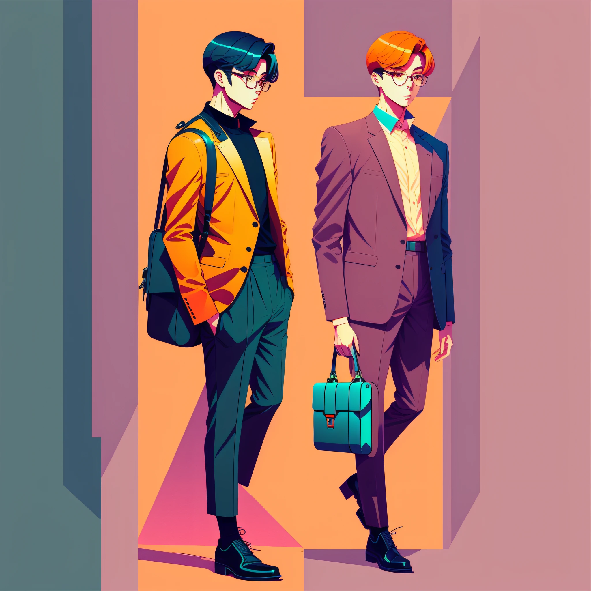 a man in a dynamic pose wearing a modern outfit, holding briefcase, designed by Gucci::3, tumblr, inspired by Yanjun Cheng style, digital art, internet boy lofi meme, trend in dezeen, catalog photo, 3 d render beeple, rhads and lois van baarle, cartoon style illustration, bright pastel colors, a beautiful art illustration, retro anime boy --ar 2:3 --q 2