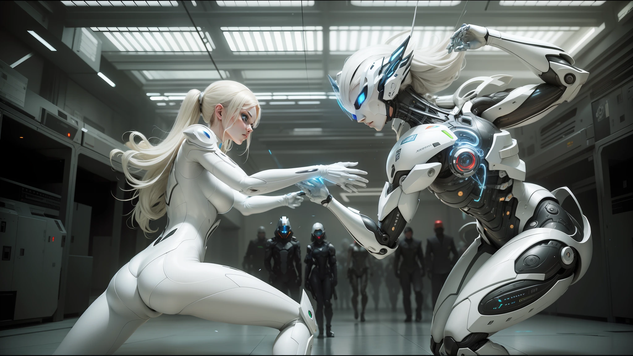 araffes in a white suit and a woman in a white suit, highly detailed vfx scene, ash thorp, yelena belova, 2 d animation, by László Dombrovszky, syndicate(2012), futuristic suzuki, anthropomorphic _ humanoid, cinematic battle, avatar ( 2 0 0 9 ), cyborg --ar 16:9 --auto --s2