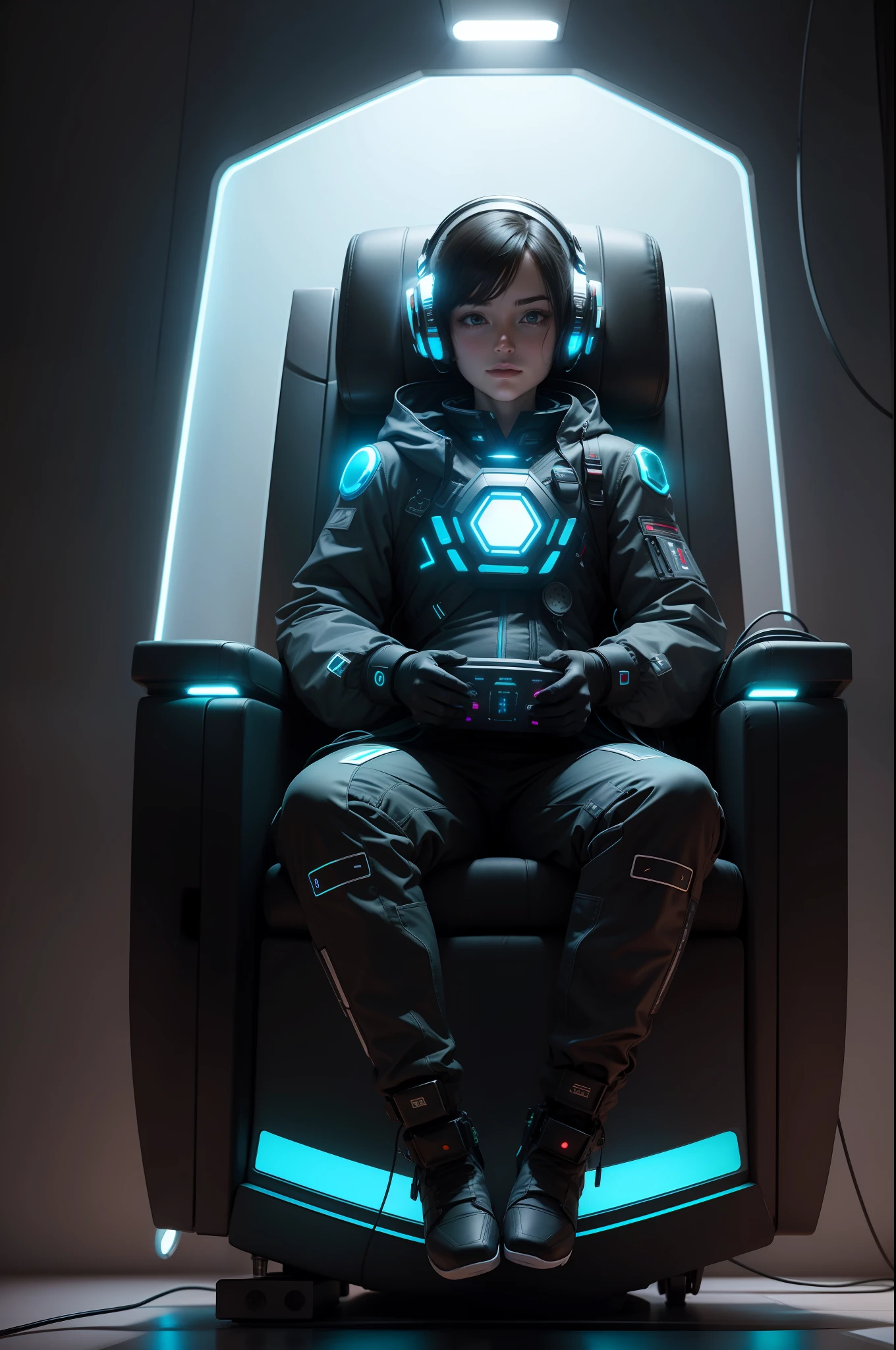 an ultra technological and futuristic sci-fi chair, panel with controllers, leds and buttons, sci-fi style, flat background