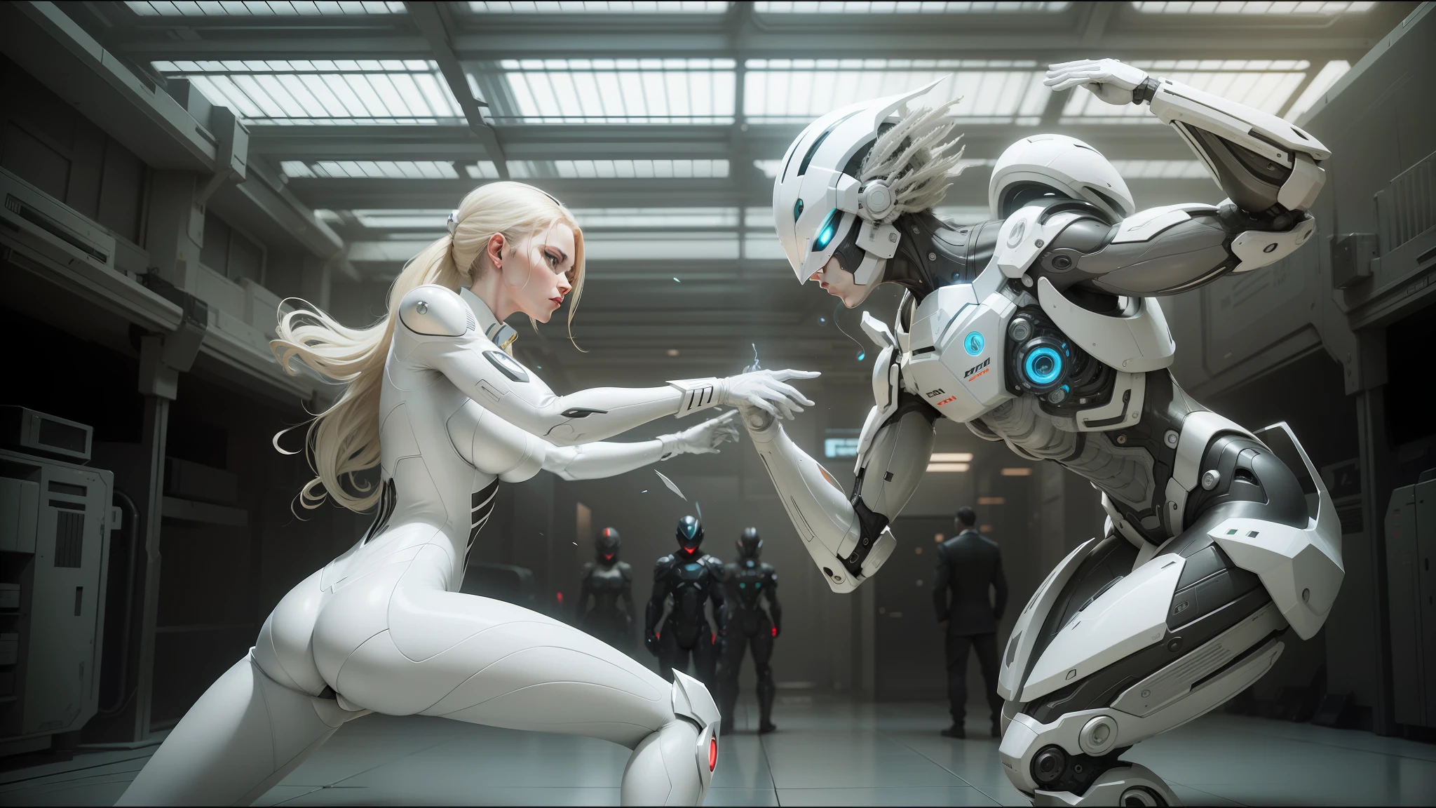araffes in a white suit and a woman in a white suit, highly detailed vfx scene, ash thorp, yelena belova, 2 d animation, by László Dombrovszky, syndicate(2012), futuristic suzuki, anthropomorphic _ humanoid, cinematic battle, avatar ( 2 0 0 9 ), cyborg --ar 16:9 --auto --s2