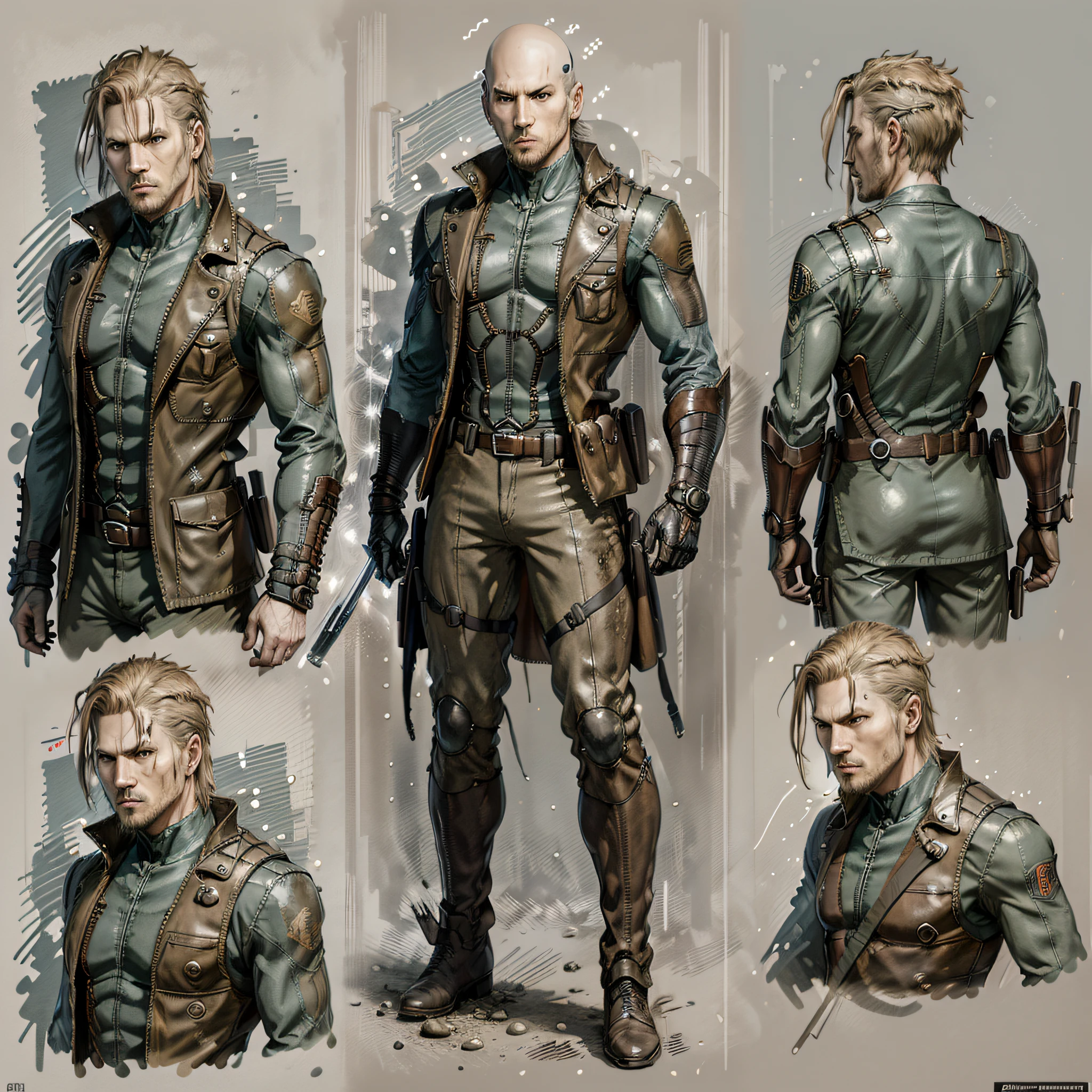 character ANIME man, FULL BODY, standing, , BALD WITHOUT BEARD, FACE DISFIGURED BY BURN ((design sketches)), (masterpiece), extremely detailed, (original design ), LEX LUTHOR (random power poses), (unique accessories, iron jacket, brown leather boots ), professionally retouched, white background, (male: 1.1) (government officer pants r: 0.8), (dirty: 1.1), (movement: 0.8), (young: 1.3), (sprint: 0.6) (The Walking Dead concept) ( Metal gear solid) --auto --s2