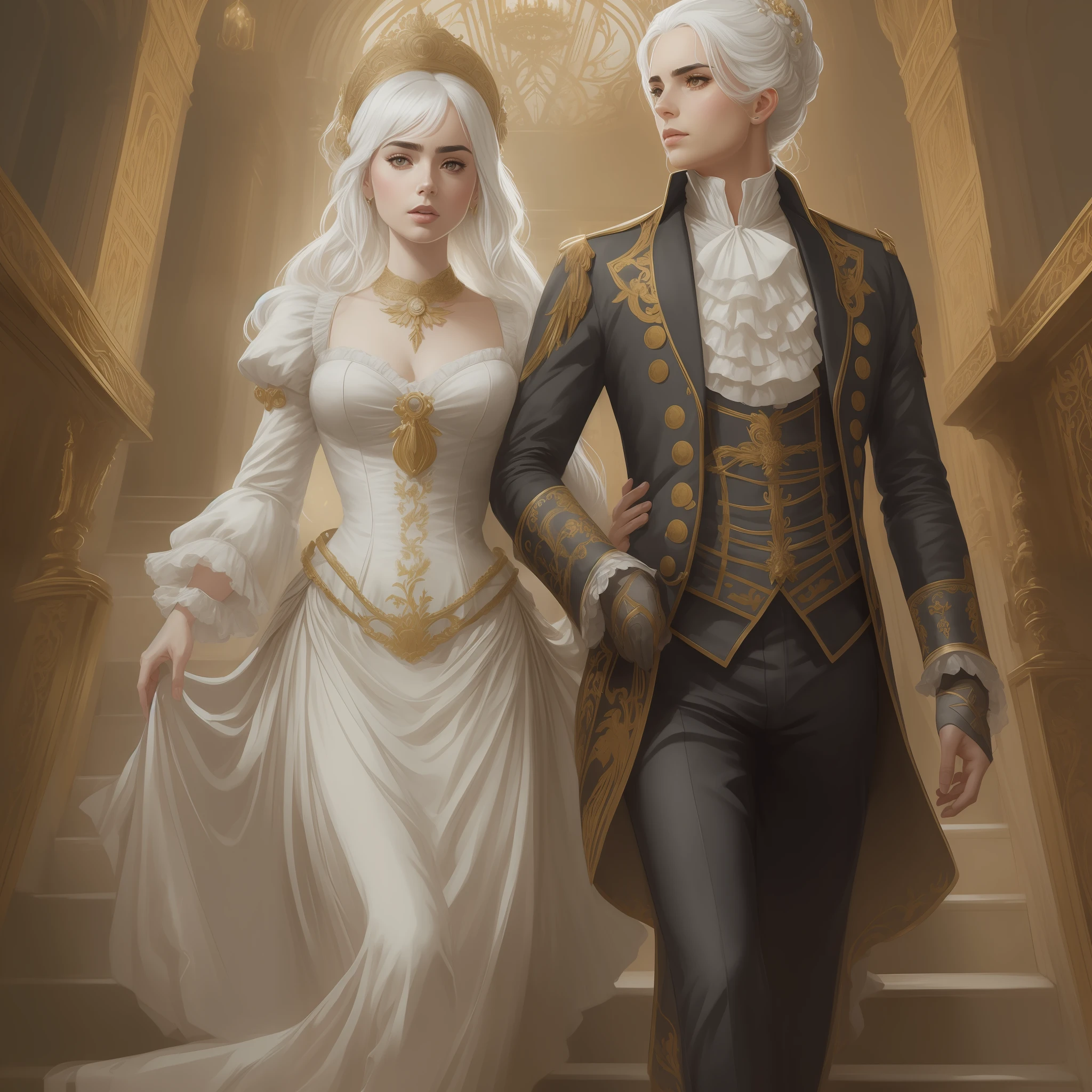 Lily Collins with white hair in a Marie Antoinette hairstyle, wearing a super detailed medieval Victorian gold dress, gloves and an eye mask. Descending the stairs from inside a palace to the ballroom, illustration is detailed, smooth and bright, HD art by Samyang, Aykut Aydogdu, Justin Gerard, Alphonse Mucha, Artgerm, WLOP and Greg Rutkowski --auto --s2