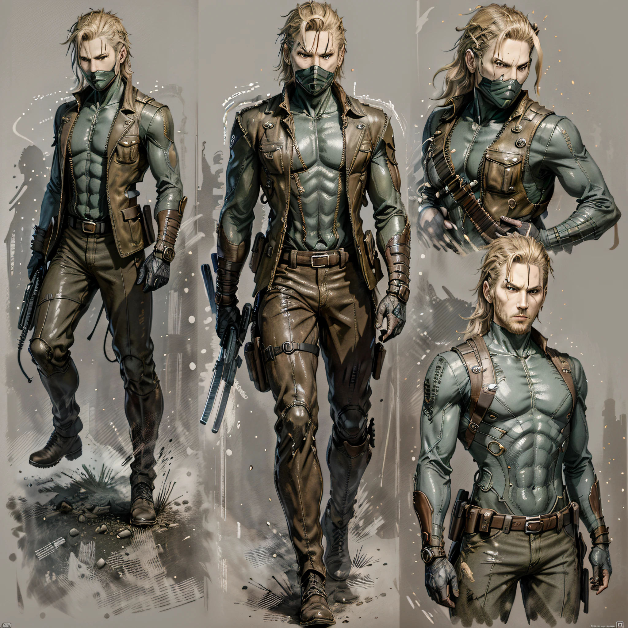 character ANIME man, FULL BODY, standing, , BALD WITHOUT BEARD, FACE DISFIGURED BY BURN ((design sketches)), (masterpiece), extremely detailed, (original design ), LEX LUTHOR (random power poses), (unique accessories, iron jacket, brown leather boots ), professionally retouched, white background, (male: 1.1) (government officer pants r: 0.8), (dirty: 1.1), (movement: 0.8), (young: 1.3), (sprint: 0.6) (The Walking Dead concept) ( Metal gear solid) --auto --s2
