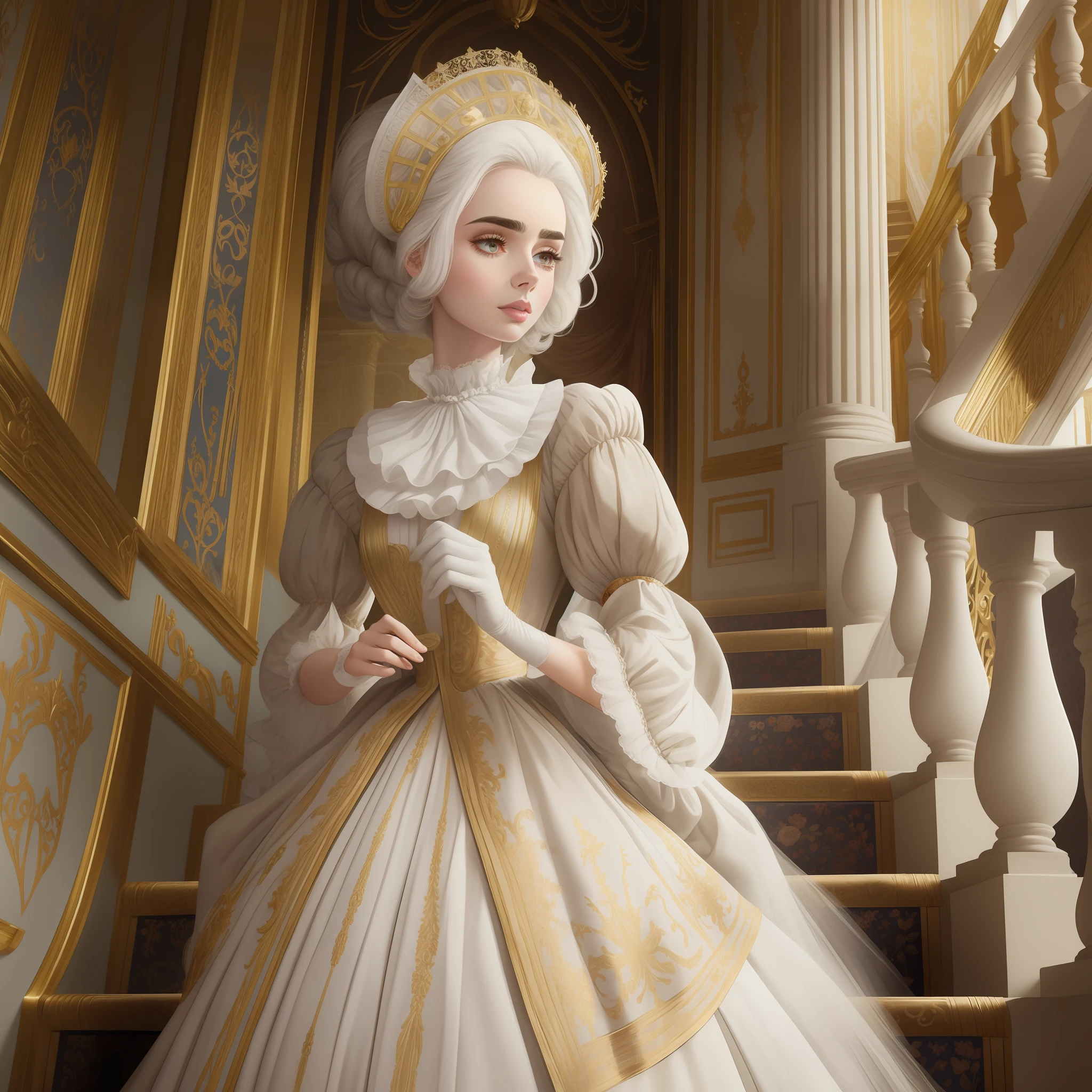 Lily Collins with white hair in a Marie Antoinette hairstyle, wearing a super detailed medieval Victorian gold dress, gloves and an eye mask. Descending the stairs from inside a palace to the ballroom, illustration is detailed, soft and bright, HD art by Aykut Aydogdu