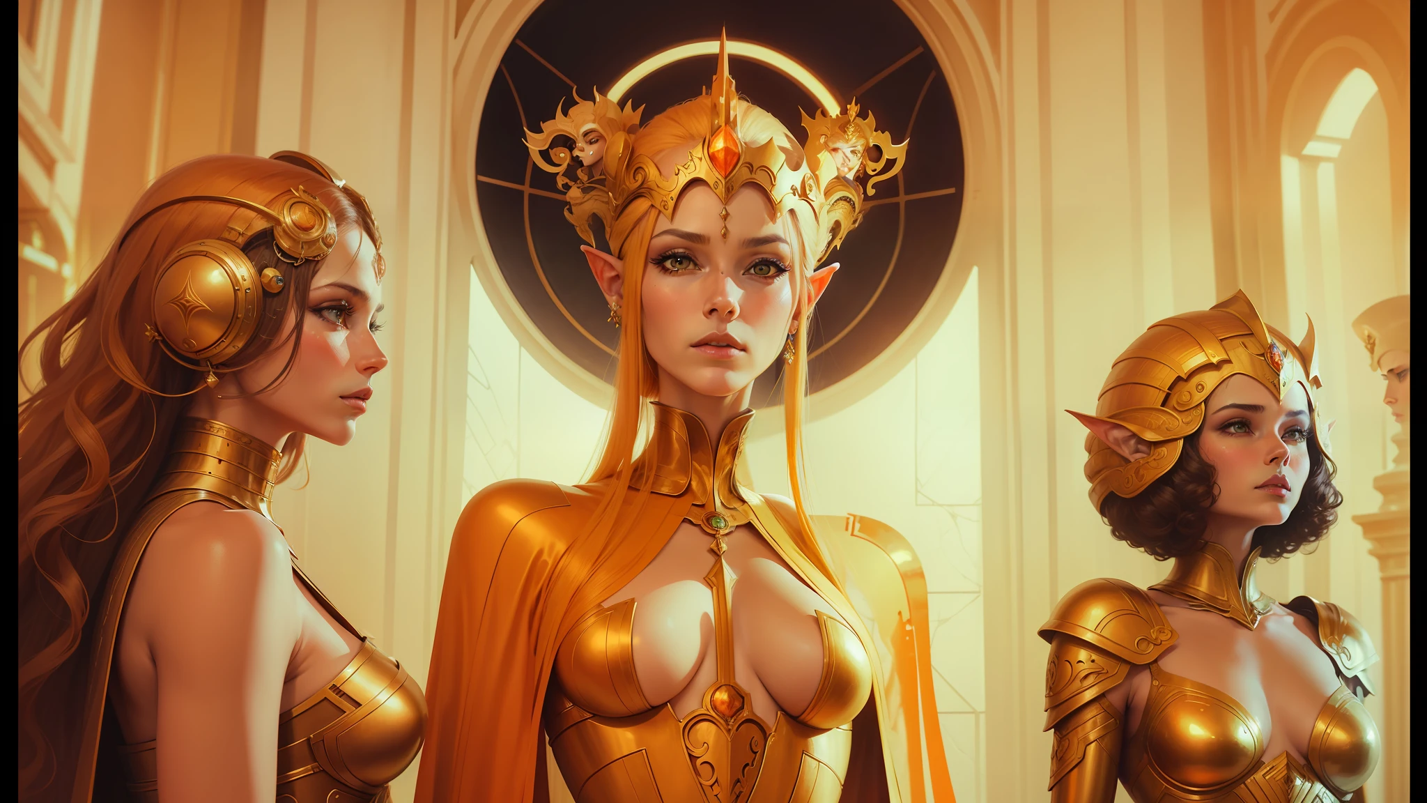 three women in costumes are standing in a room, by Jim Burns, portrait of a cyborg queen, gold throne, 70s design, gaia, film art of character design, computer graphics, goddess close-up portrait, inspired by Franciszek Starowieyski, archons, movie screencap, elves, glenn barr, tangerine dream album cover --auto --s2