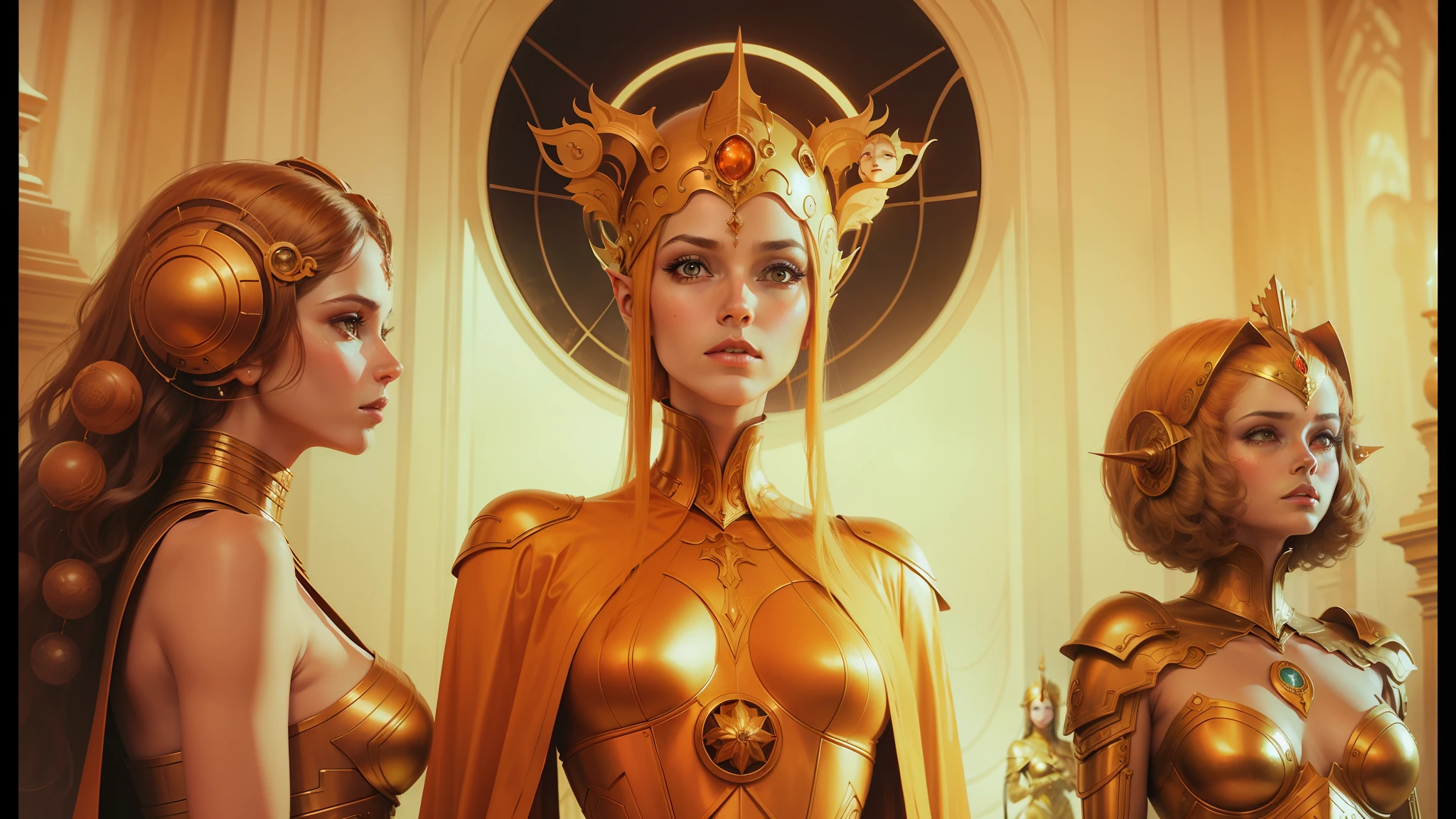 three women in costumes are standing in a room, by Jim Burns, portrait of a cyborg queen, gold throne, 70s design, gaia, film art of character design, computer graphics, goddess close-up portrait, inspired by Franciszek Starowieyski, archons, movie screencap, elves, glenn barr, tangerine dream album cover --auto --s2