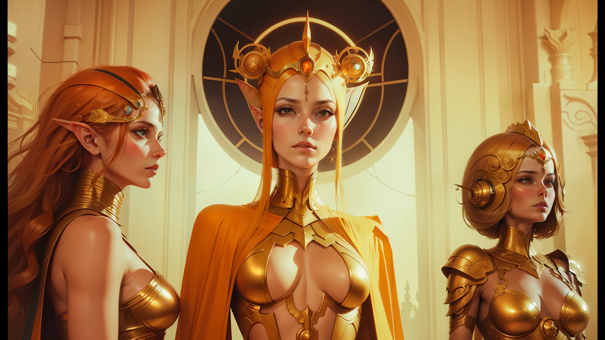 three women in costumes are standing in a room, by Jim Burns, portrait of a cyborg queen, gold throne, 70s design, gaia, film art of character design, computer graphics, goddess close-up portrait, inspired by Franciszek Starowieyski, archons, movie screencap, elves, glenn barr, tangerine dream album cover --auto --s2