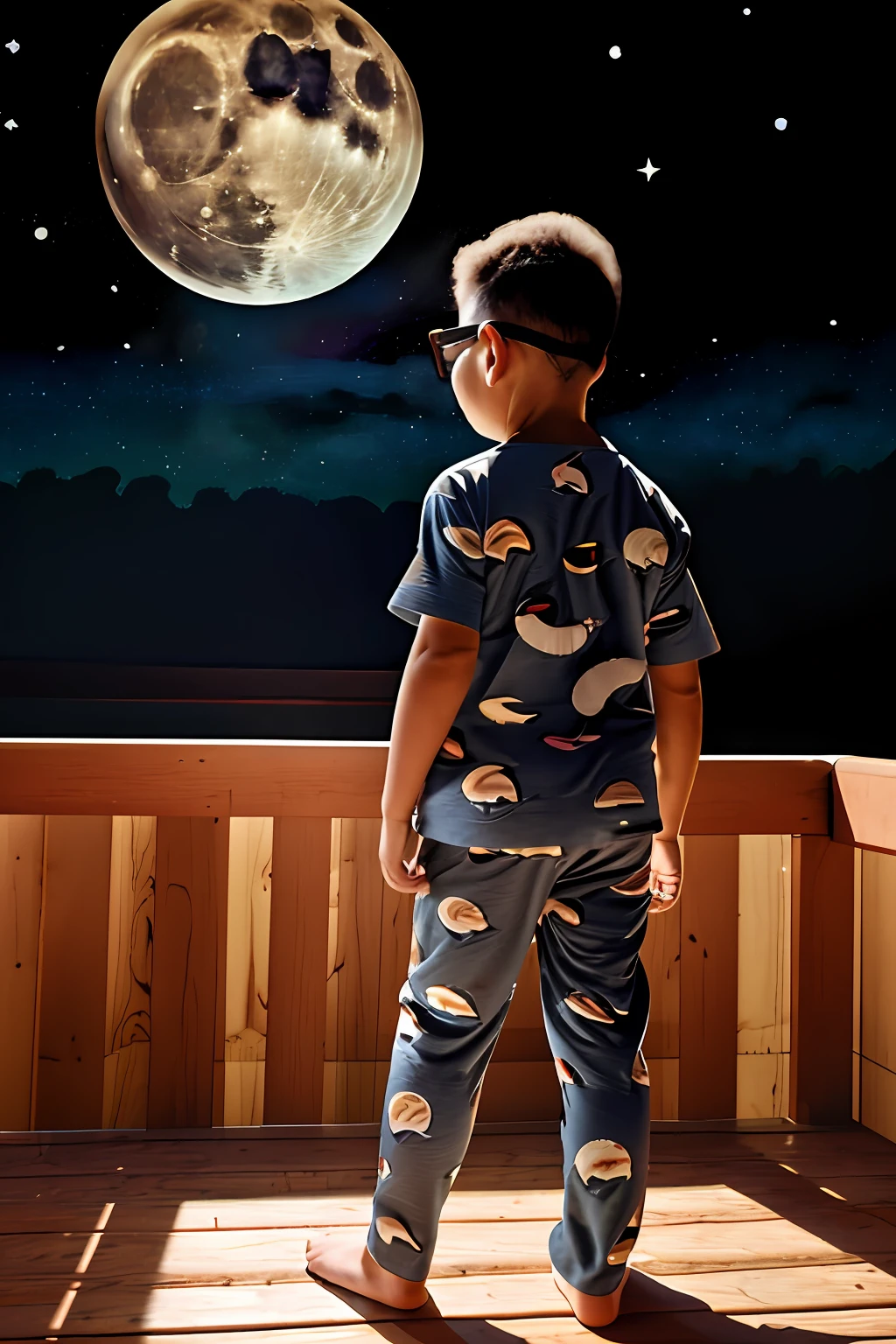 guttonerdvision3, illustration of a 3-year-old boy wearing glasses, wearing bear-print pajamas, looking at the huge moon on his wooden porch. Completely starry sky, real full moon, natural lighting, no artificial lighting, illustration with strokes of alex ross. Lens with sharp depth of field