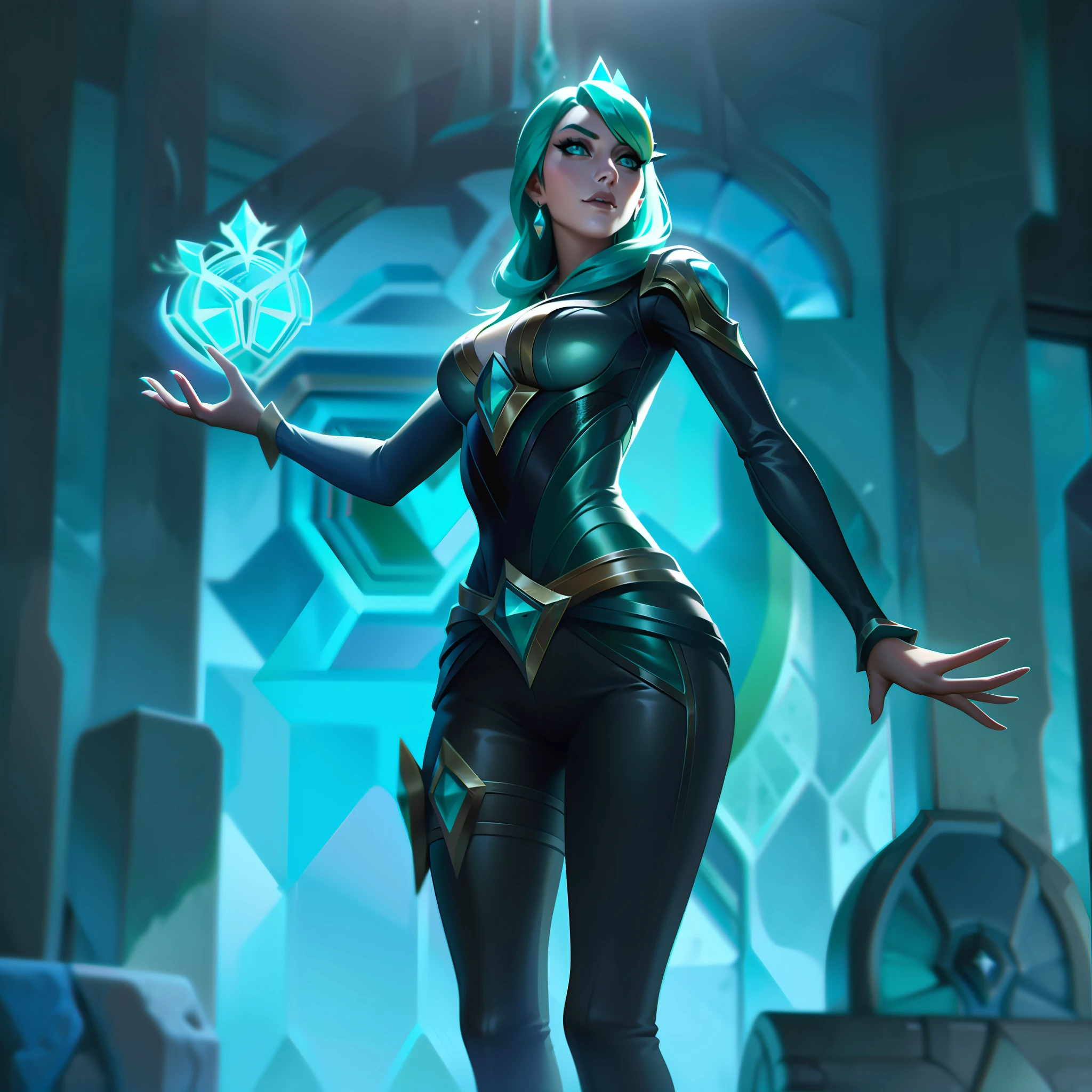 mulher + ice crown + green + leather + comfy splashart, splashart, league of legends splashart, arte, pincelada, obra-prima, 8k, ultra detalhado, HD