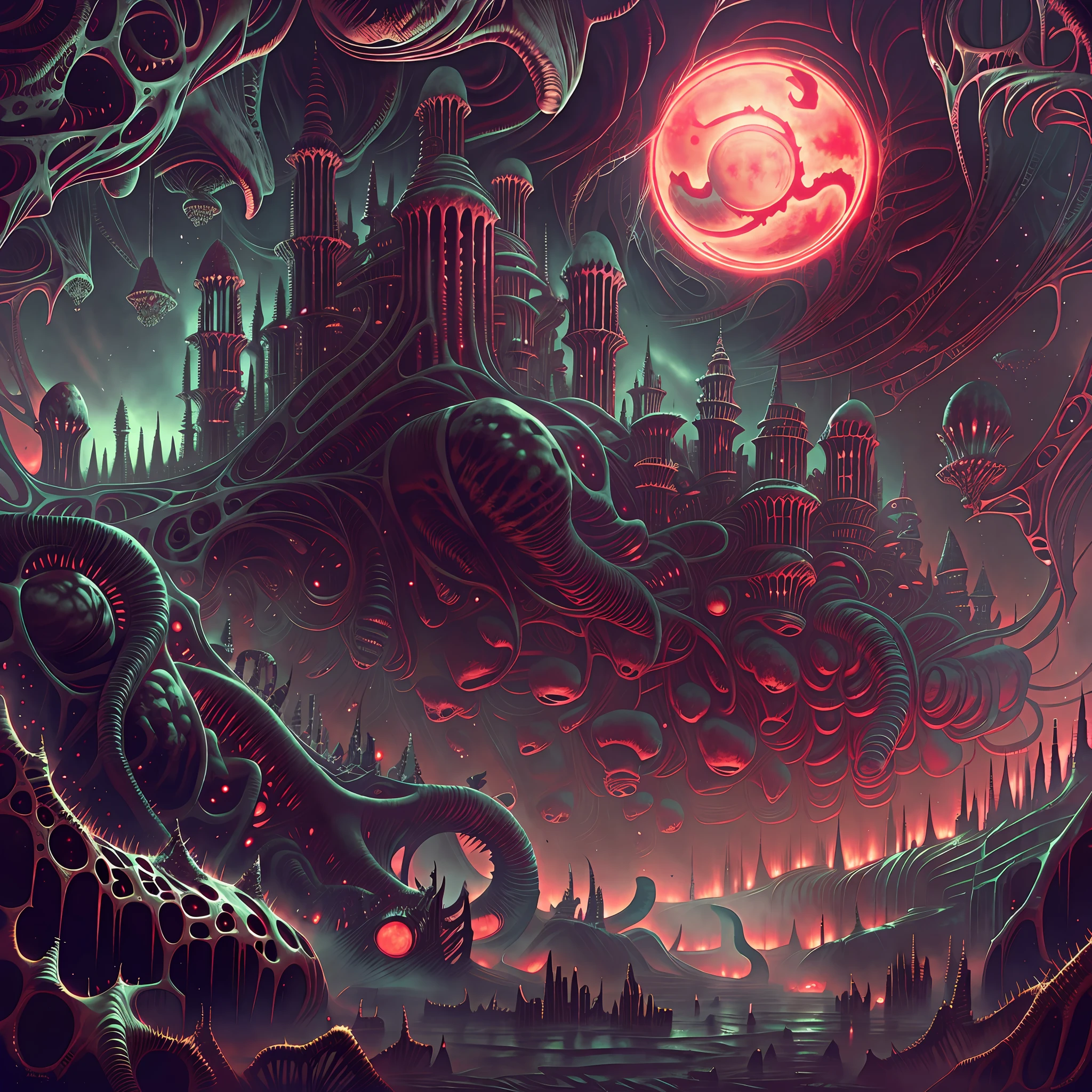 Wide angle, underground dark valley, biomechanical buildings, Intrincated evil sculptures, ruins and thorns and obscure walls. Satanic temple, pentagram on the ground and polluted river, obscured by the sun. Horror art, hyperdetailed painting, color drawing. Art by Dan Seagrave