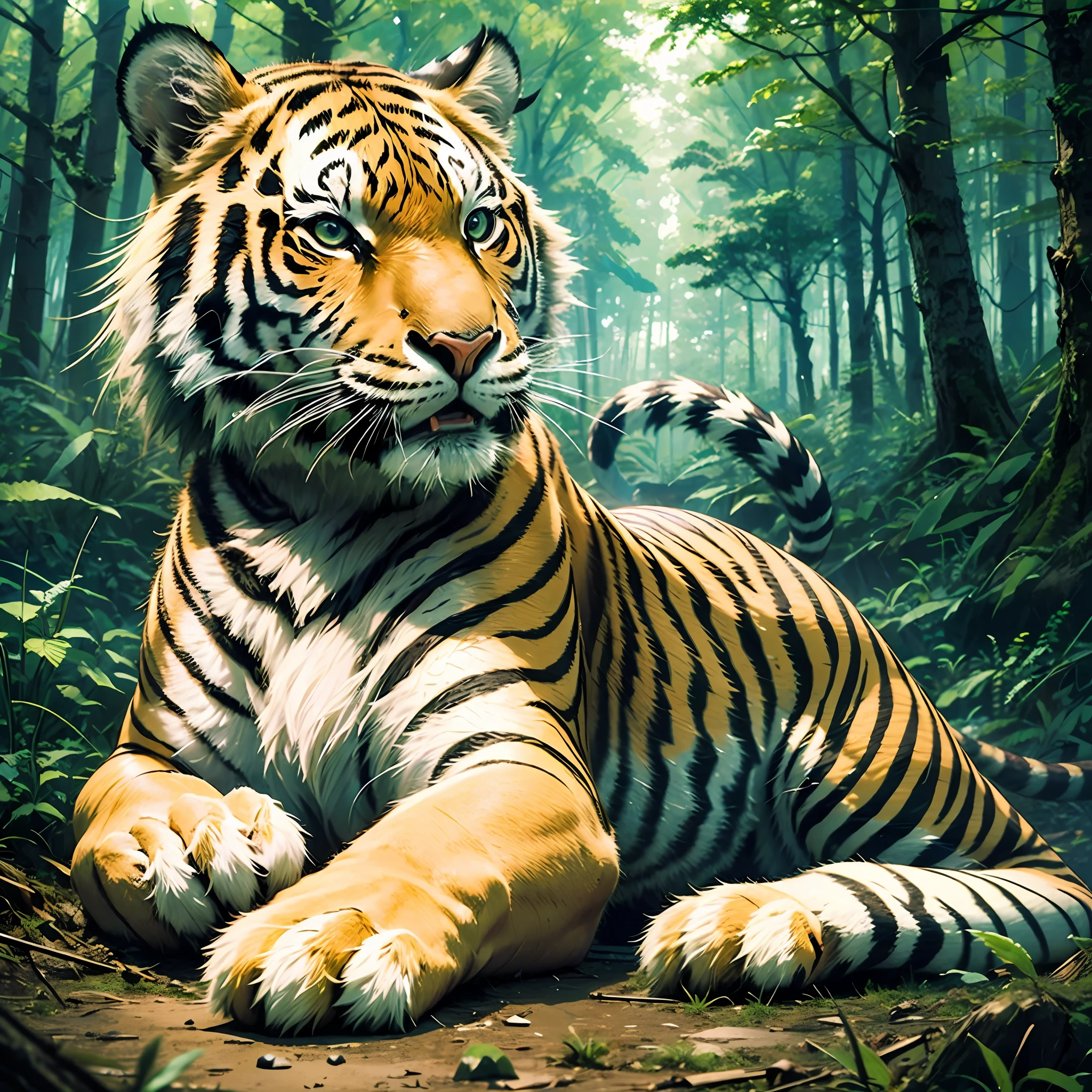 Masterpiece, best quality, ultra-realistic, (grainy: 0.3), tiger, background forest clearing, many details, sharp focus, detailed --auto --s2