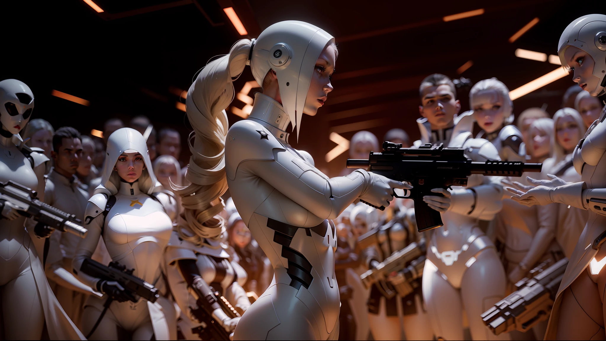 there is a woman holding a gun in front of a group of people, white cyborg fashion shot, animation film still, bluray image, by Alexander McQueen, angel in plastic armor, movie still of the alien girl, rednered with raytracing, cybergods --ar 16:9 --auto --s2