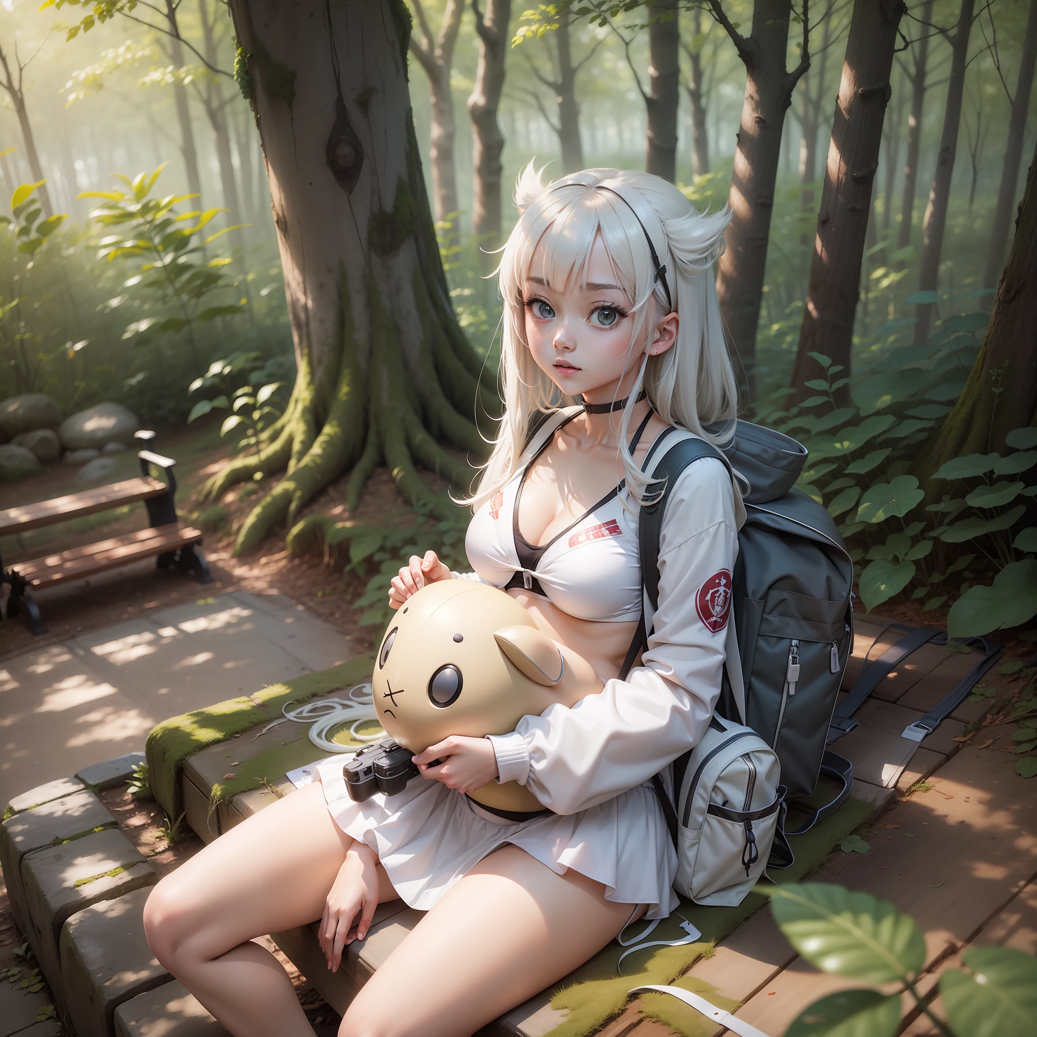 anime girl, white bikini, forest, backpack, sitting on bench --auto --s2