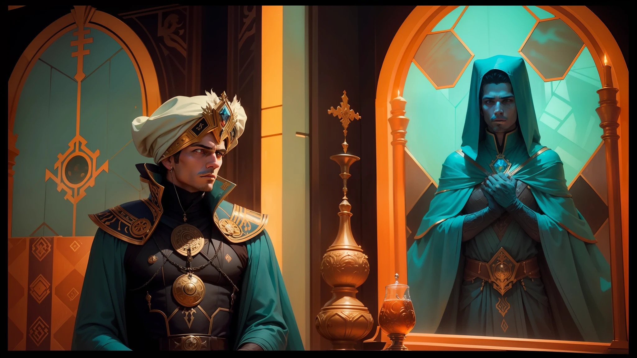 there is a man in a costume standing in front of a painting, film still from dune 2020, jc leyendecker and sachin teng, intricate stained glass triptych, 1 9 8 6 movie screenshot, frost giant, cgsociety 9, royal portrait, tumblr aesthetic, grainy 1985 cinematography, light-blue steel-plate, proud emperor --auto --s2